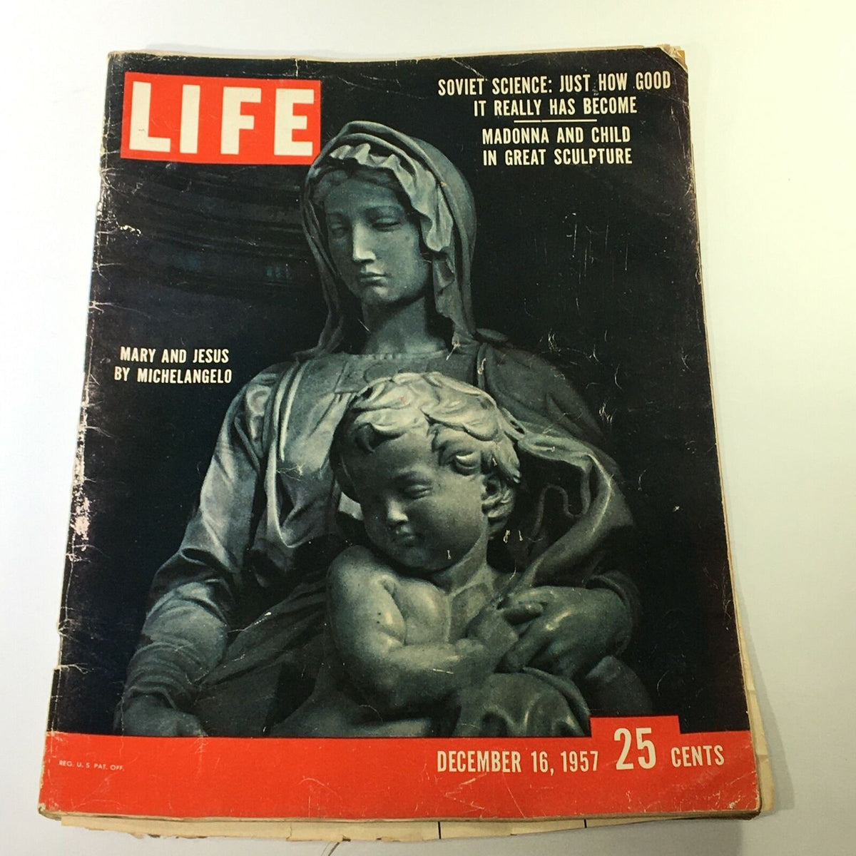 Vintage Life Magazine December 16, 1957 cover featuring Michelangelo's Mary and Jesus sculpture, highlighting art and history.