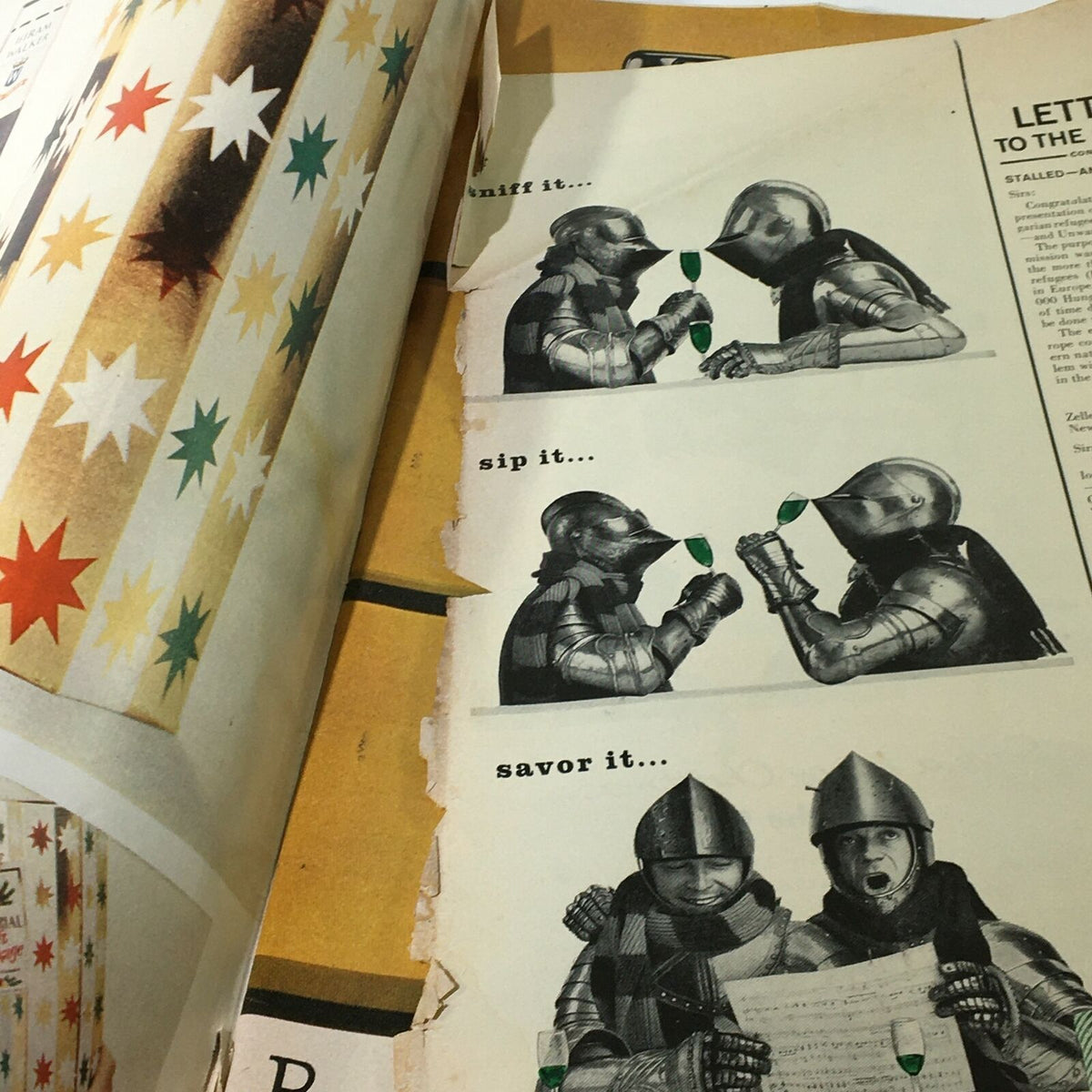 Interior page of Life Magazine December 16, 1957 with an illustration of knights, incorporating humor with vintage design elements.