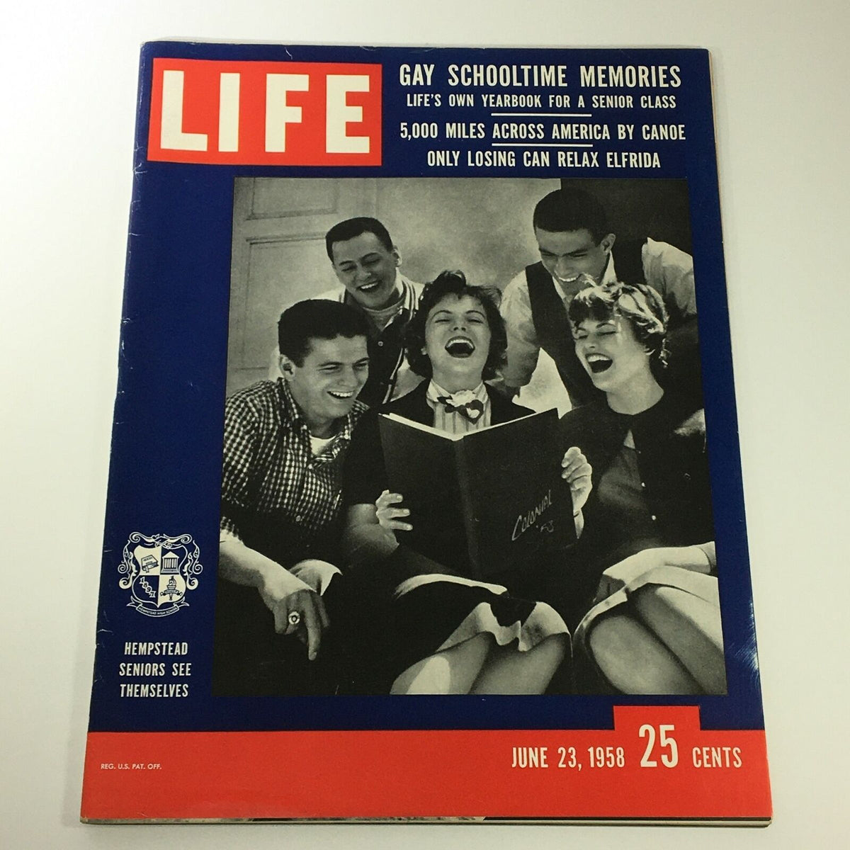 Cover of VTG Life Magazine June 23, 1958 featuring the School Time Memories theme, showcasing a group of laughing students with a yearbook, celebrating nostalgia for school days.