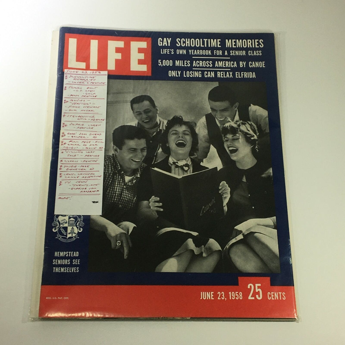 VTG Life Magazine June 23, 1958 cover featuring School Time Memories, with handwritten notes on the side detailing magazine features, reflecting the excitement of school life.