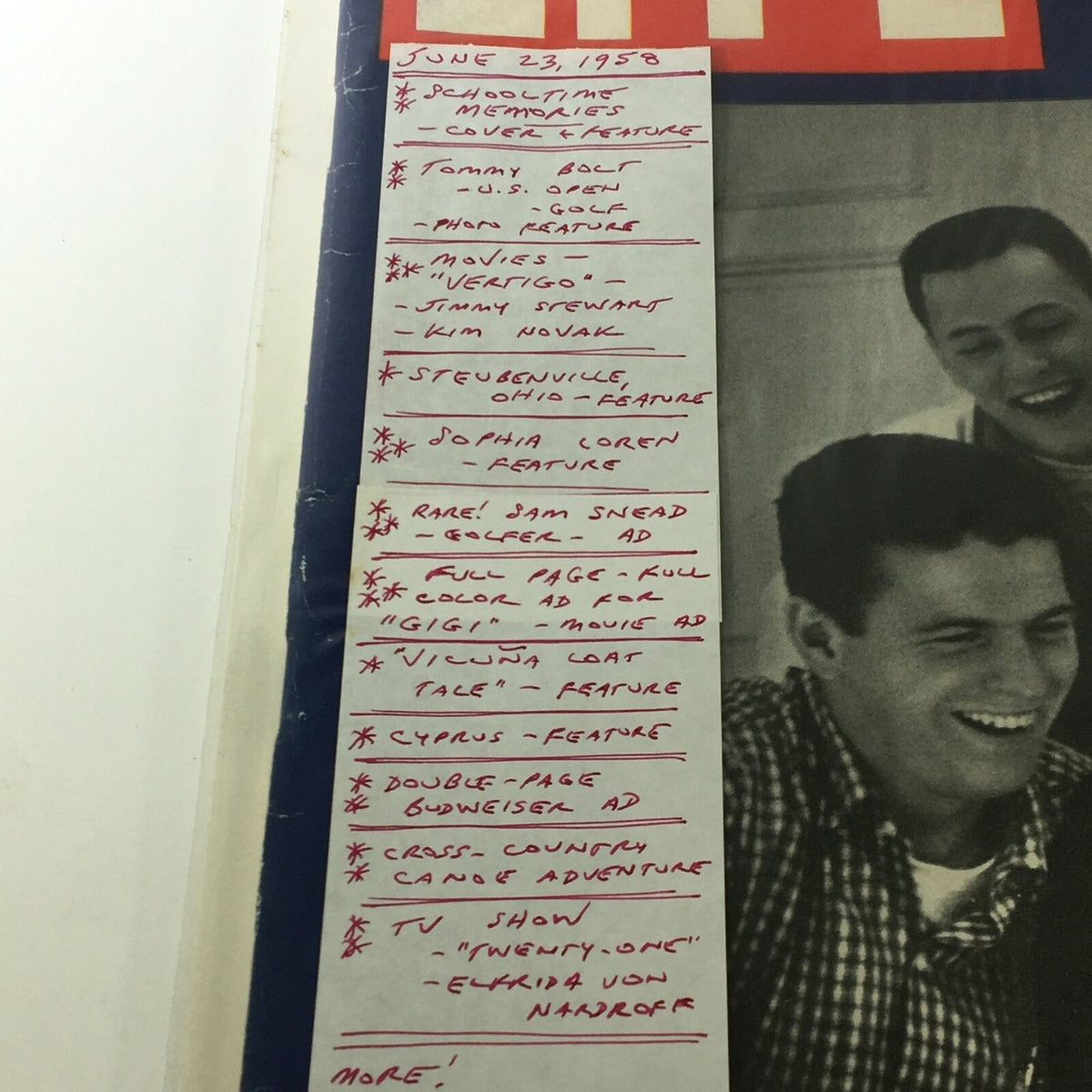 Inside detail of VTG Life Magazine June 23, 1958 showing handwritten notes on articles and features including School Time Memories, capturing the essence of the era.