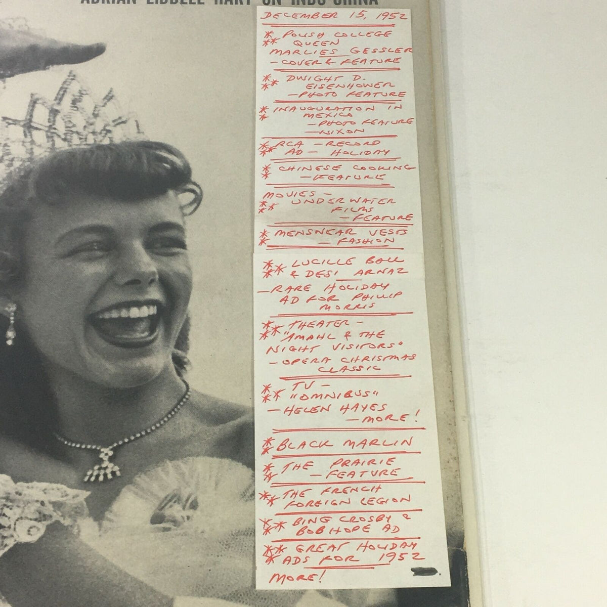 Detailed view of handwritten notes on the side of the VTG Life Magazine December 15, 1952, reflecting contents and features of the issue.