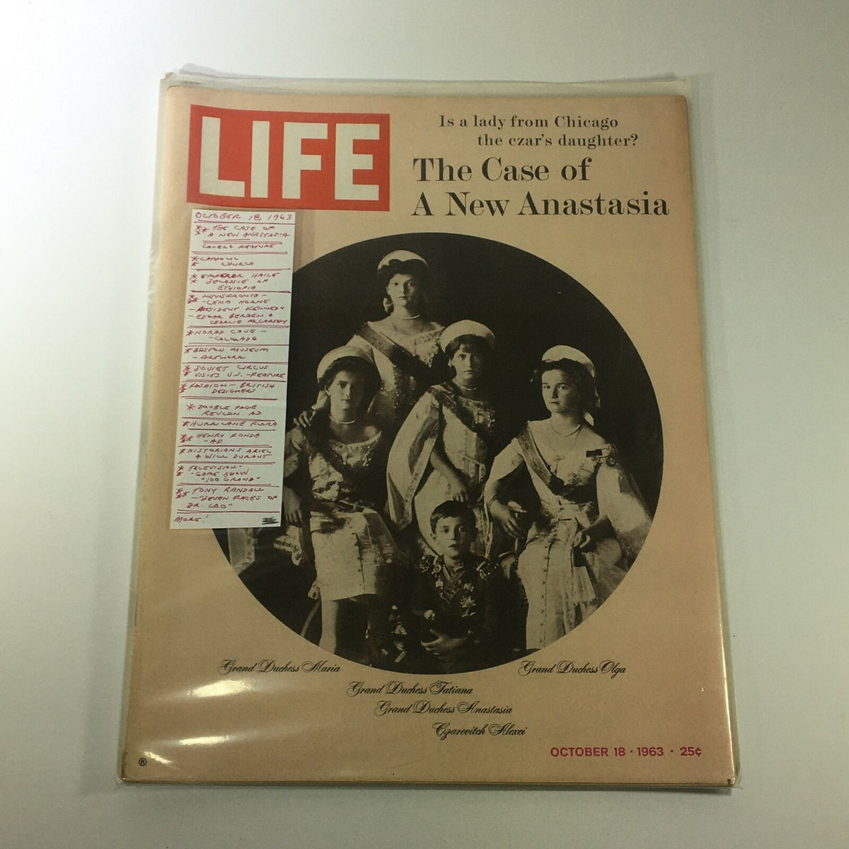 VTG Life Magazine October 18 1963 cover with handwritten notes alongside 'The Case of A New Anastasia'. The cover illustrates five girls in royal dress, raising curiosity about Anastasia's identity.