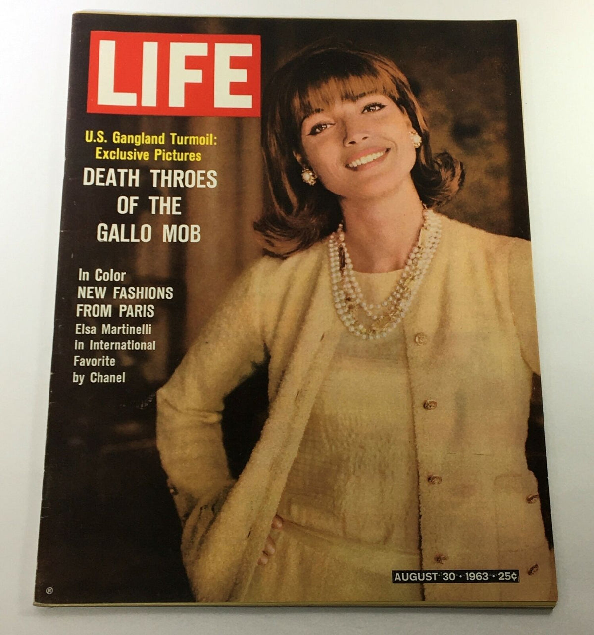 Cover of VTG Life Magazine August 30, 1963 featuring model Elsa Martinelli, highlighting U.S. Gangland turmoil and Paris fashions.