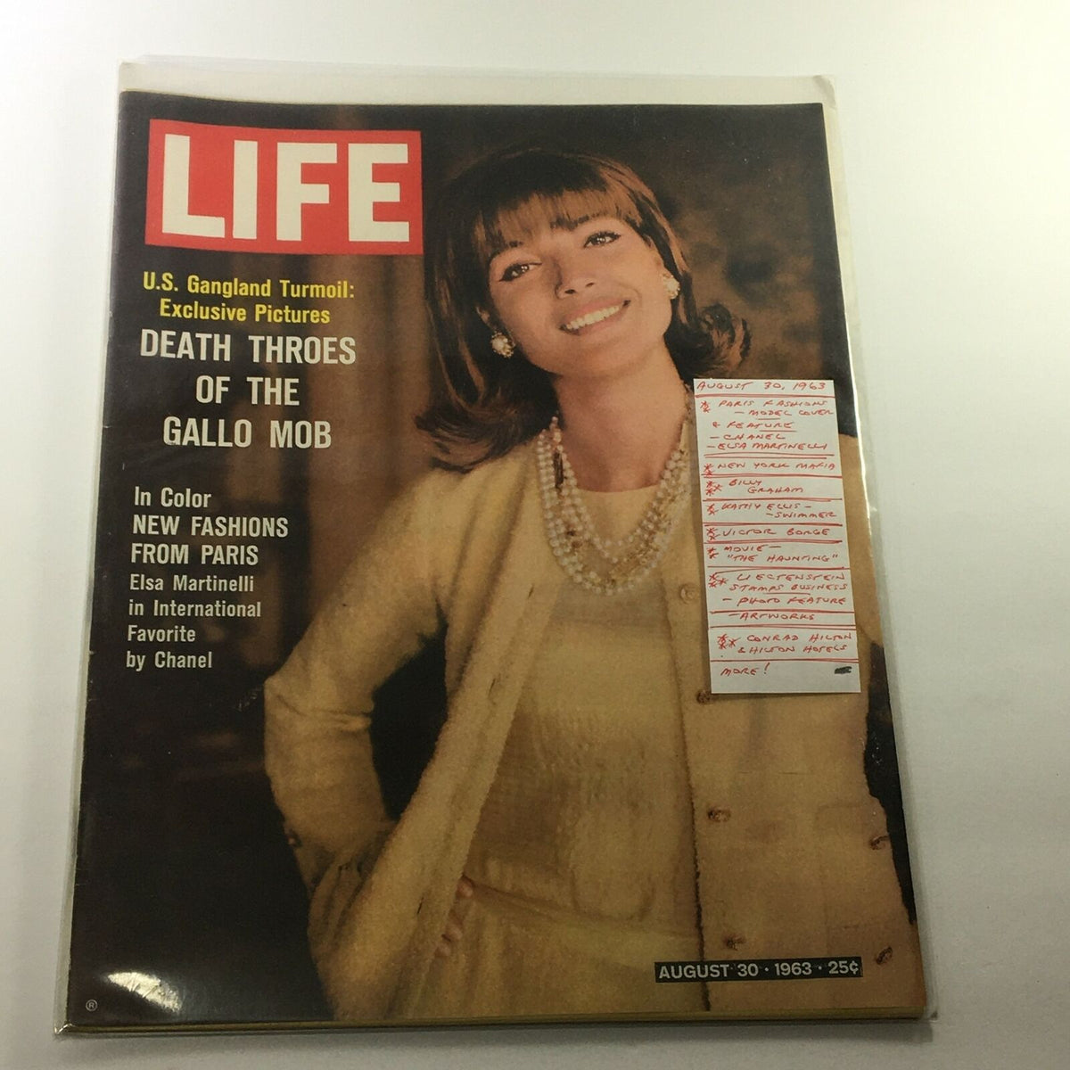 VTG Life Magazine August 30, 1963 with model Elsa Martinelli, showcasing fashion trends and articles on U.S. Gangland turmoil.
