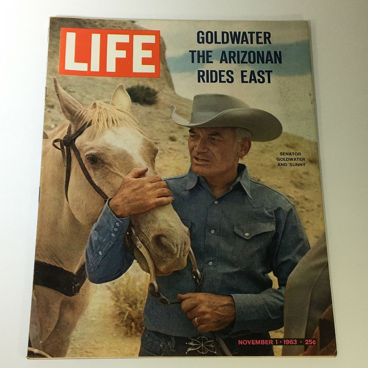 VTG Life Magazine November 1 1963 featuring Senator Barry Goldwater on the cover, interacting with a horse. The image captures the essence of American politics in the 1960s.