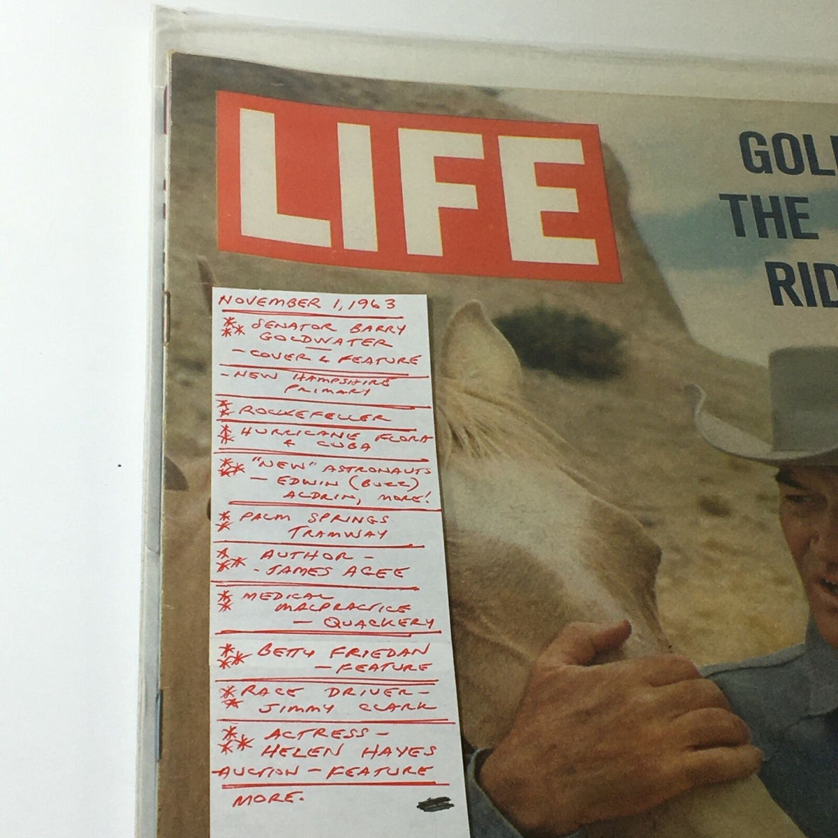 Cover of VTG Life Magazine from November 1, 1963 featuring Senator Barry Goldwater, with handwritten notes listing notable articles and features from that issue, including topics like 'New Hampshire Primary' and 'Hurricane Flora & Cuba'.