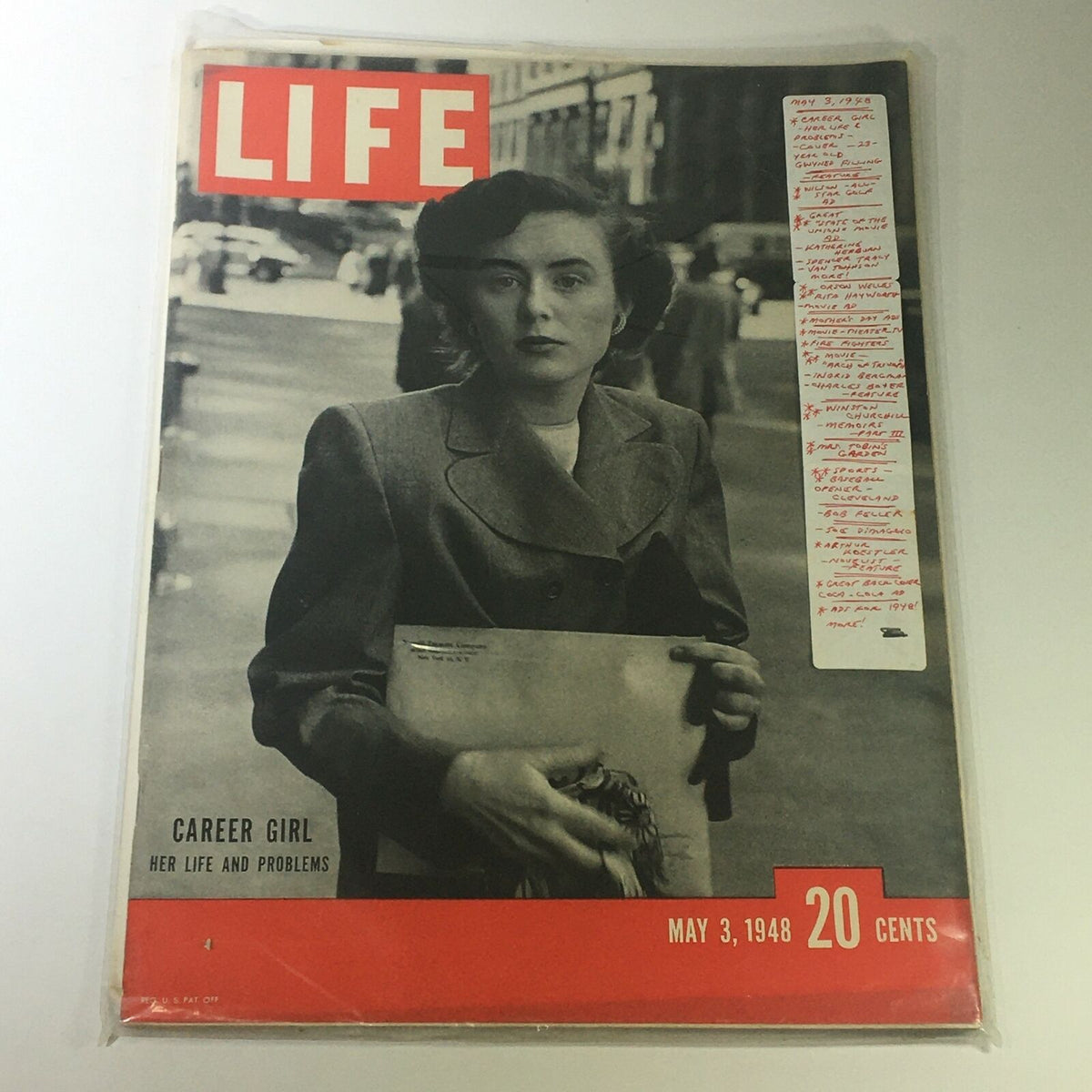 Cover of VTG Life Magazine May 3 1948, showcasing the striking image of a woman in a gray suit holding a magazine, titled 'Career Girl: Her Life & Problems.'