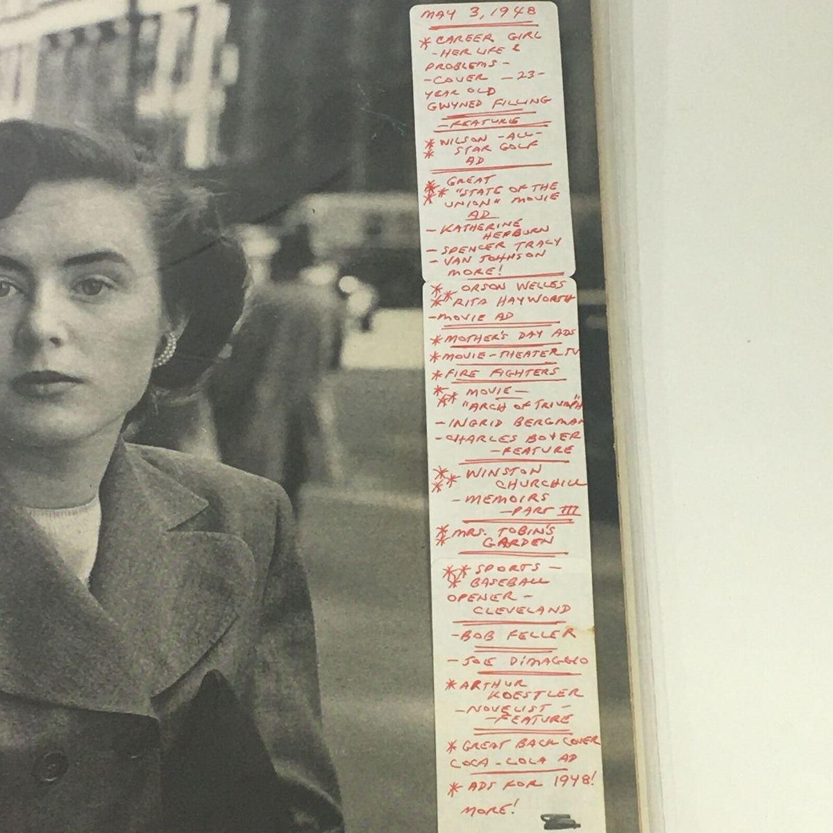 Detail view of the inside margin of VTG Life Magazine May 3 1948, listing article titles including 'Career Girl: Her Life & Problems,' highlighting the magazine's content.