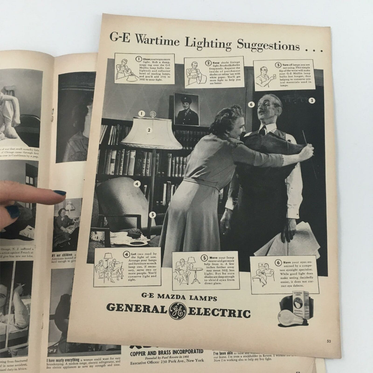 Interior page of VTG Life Magazine May 3, 1943 displaying a General Electric wartime lighting suggestions advertisement.