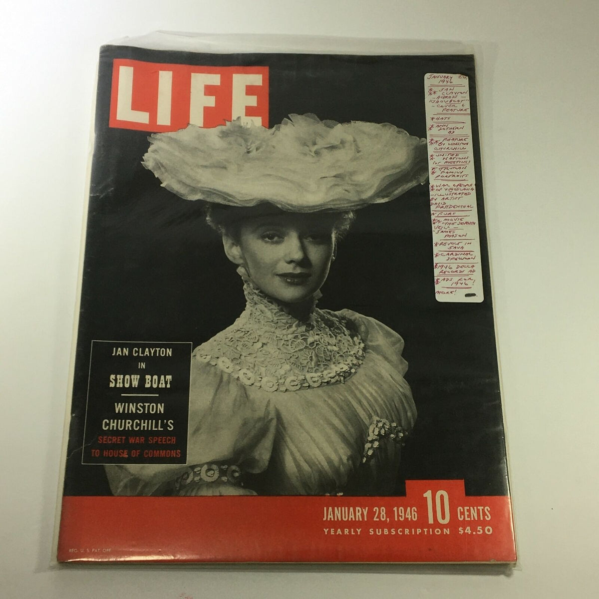 VTG Life Magazine January 28 1946 featuring actress Jan Clayton on the Showboat cover, showcasing vintage Hollywood charm.