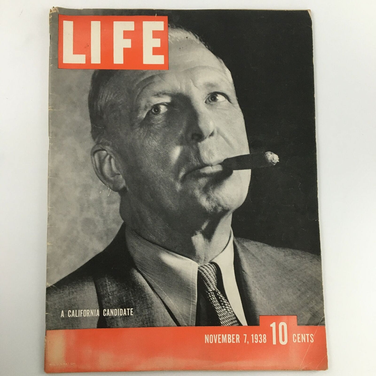 Cover of VTG Life Magazine from November 7, 1938, titled 'A California Candidate', featuring a man with a cigar.