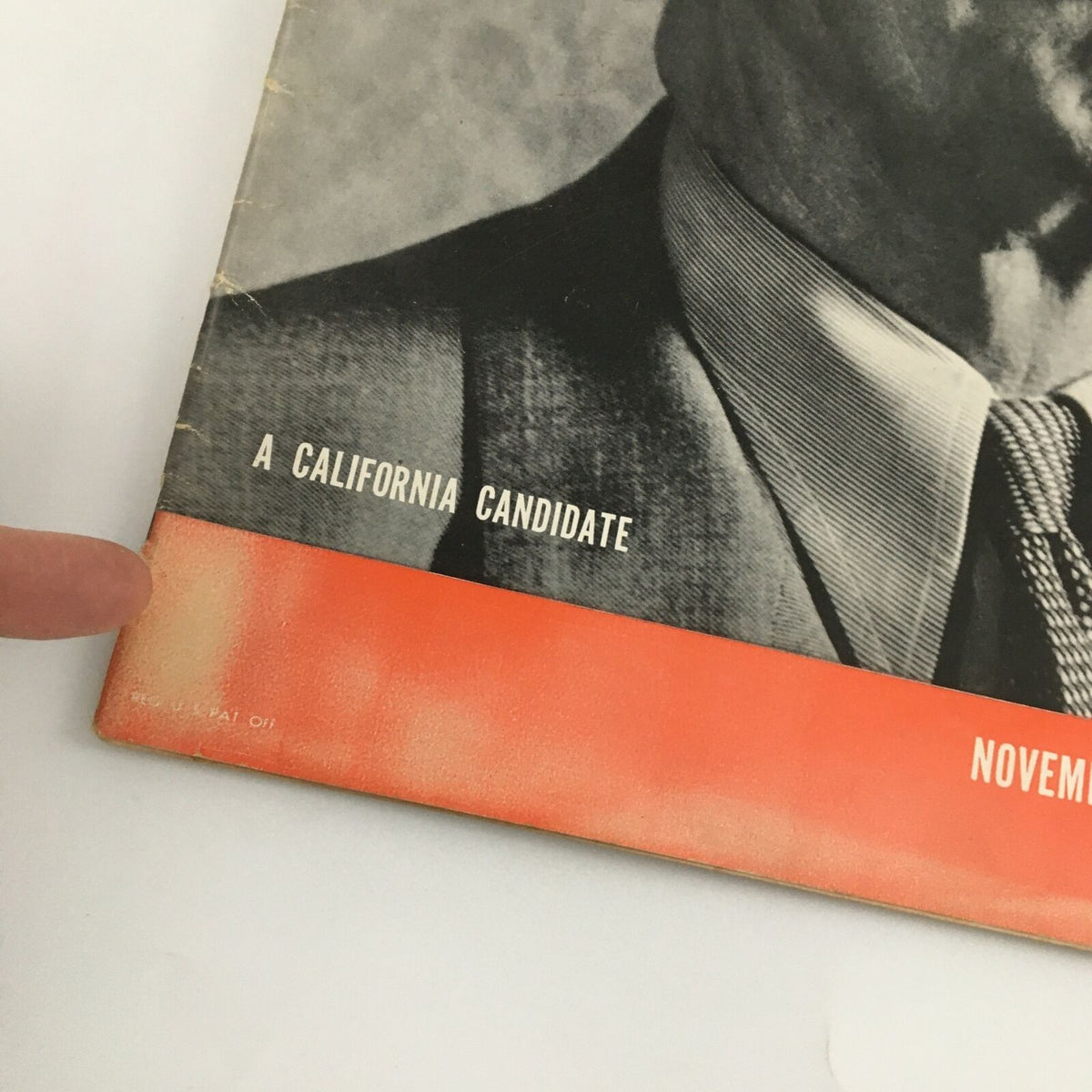 Detail of VTG Life Magazine cover from November 7, 1938, showing the title 'A California Candidate' and publication date.