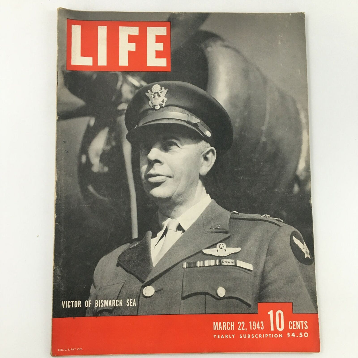 Cover of VTG Life Magazine dated March 22, 1943, featuring 'Victor of Bismarck Sea' with a portrait of military figure in uniform. The magazine's title prominently displayed at the top in bold red letters, highlighting historical significance.