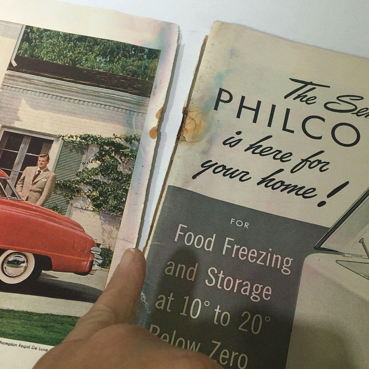 Page from VTG Life Magazine July 7 1947 showing an advertisement for Philco home appliances, featuring a classic car and a gentleman in a suit.