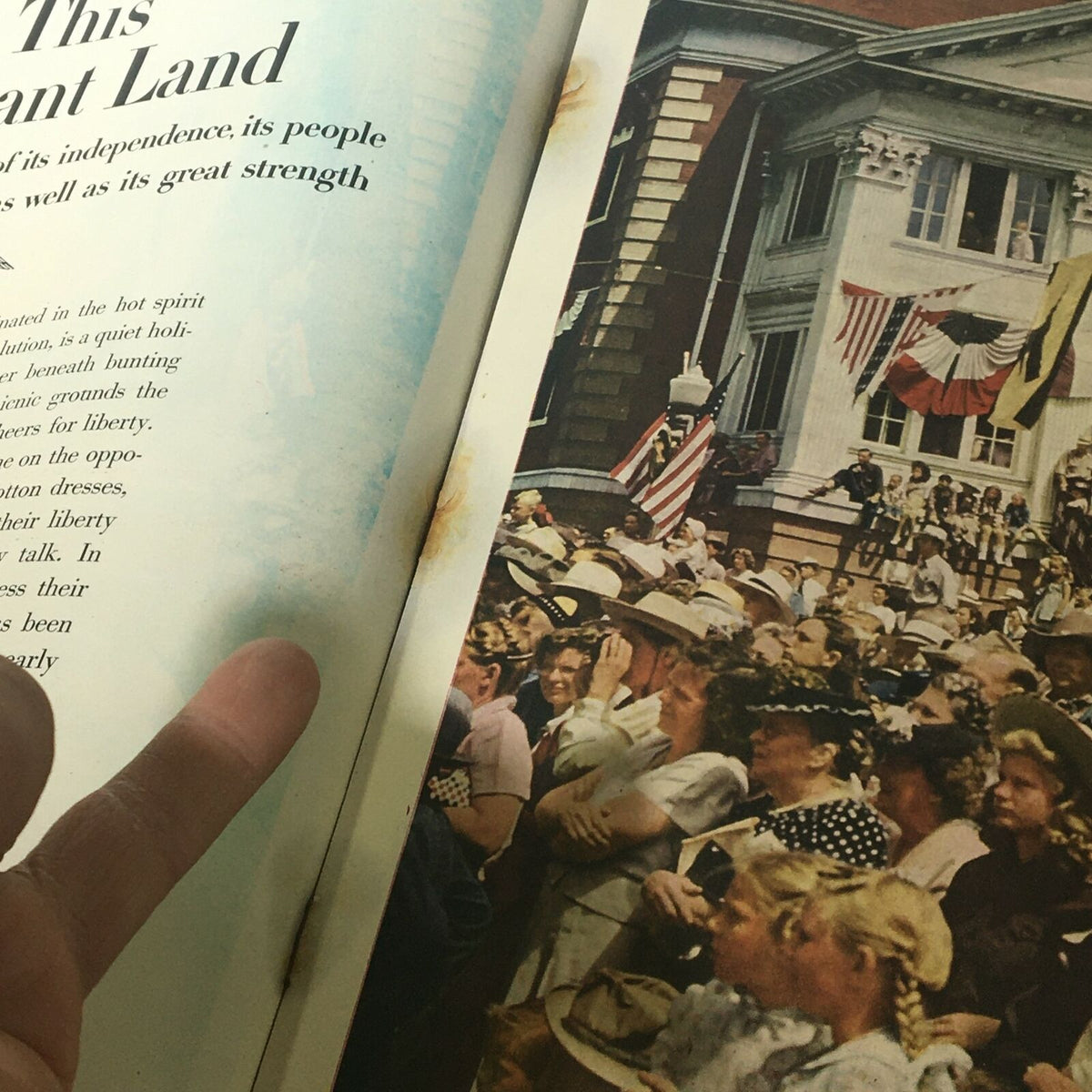 Page from VTG Life Magazine July 7 1947 highlighting a crowd scene with people celebrating, surrounded by flags, illustrating the spirit of the era.