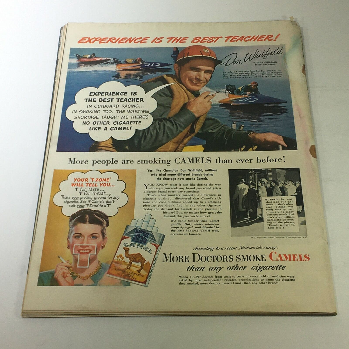 Advertisement page in VTG Life Magazine July 7 1947 promoting Camel cigarettes, featuring a smiling man in a racing outfit and vintage design elements.