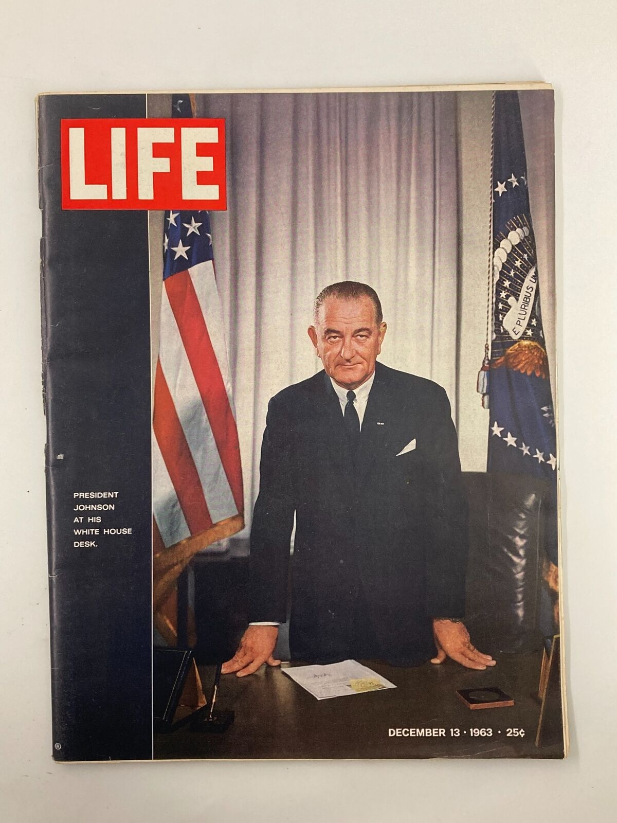 Cover of VTG Life Magazine December 13, 1963 featuring President Lyndon B. Johnson at his White House desk, showcasing the American flag and the presidential seal.