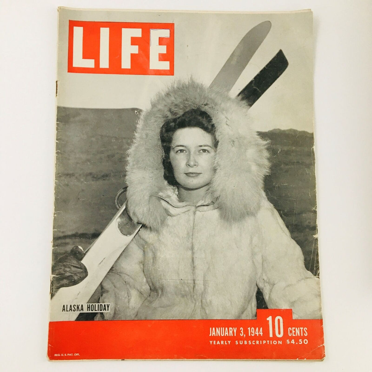 Cover of VTG Life Magazine January 3 1944 featuring a woman in a fur coat, promoting a Holiday in Beautiful Alaska.