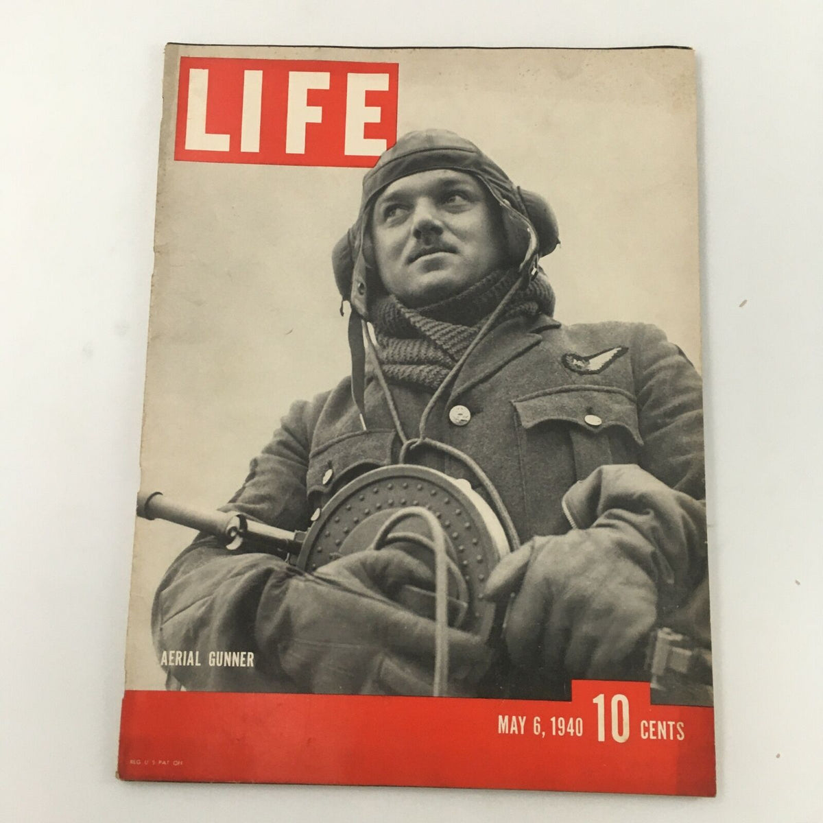 Cover of VTG Life Magazine from May 6, 1940, featuring a Royal Air Force Aerial Gunner with vintage design elements and the magazine's title prominently displayed.