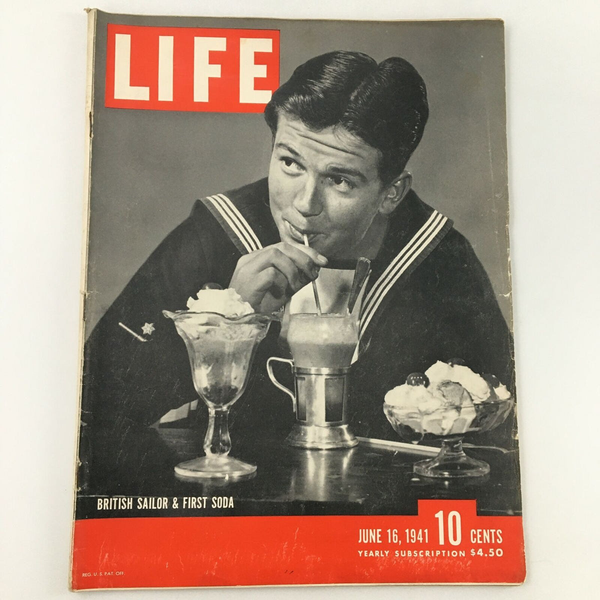 Cover of VTG Life Magazine June 16 1941 featuring a British sailor enjoying a soda, showcasing the essence of wartime camaraderie and nostalgia.