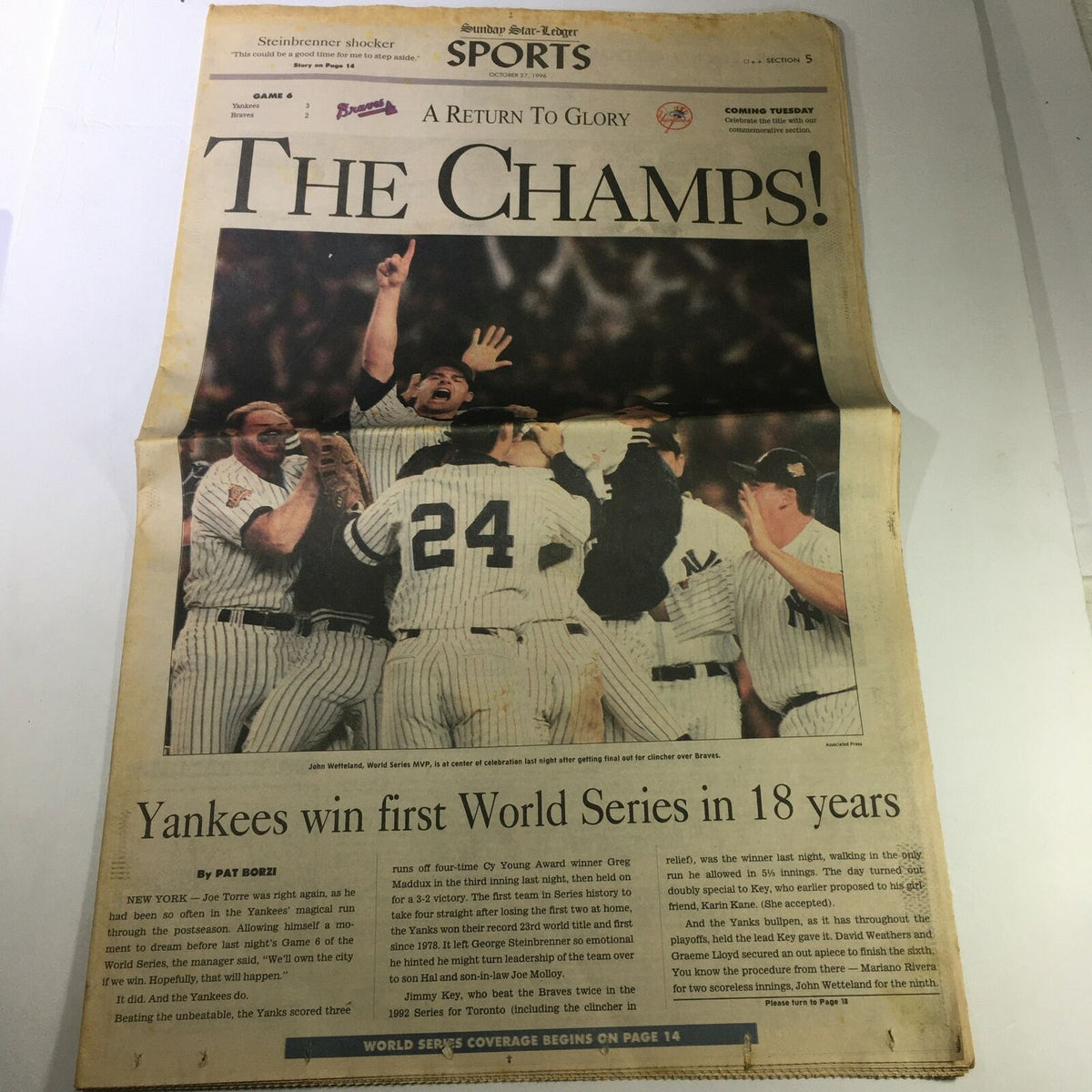VTG The Star-Ledger Newspaper October 27 1996 featuring the headline 'THE CHAMPS!' celebrating the Yankees' victory in the World Series, with a photo of players celebrating.