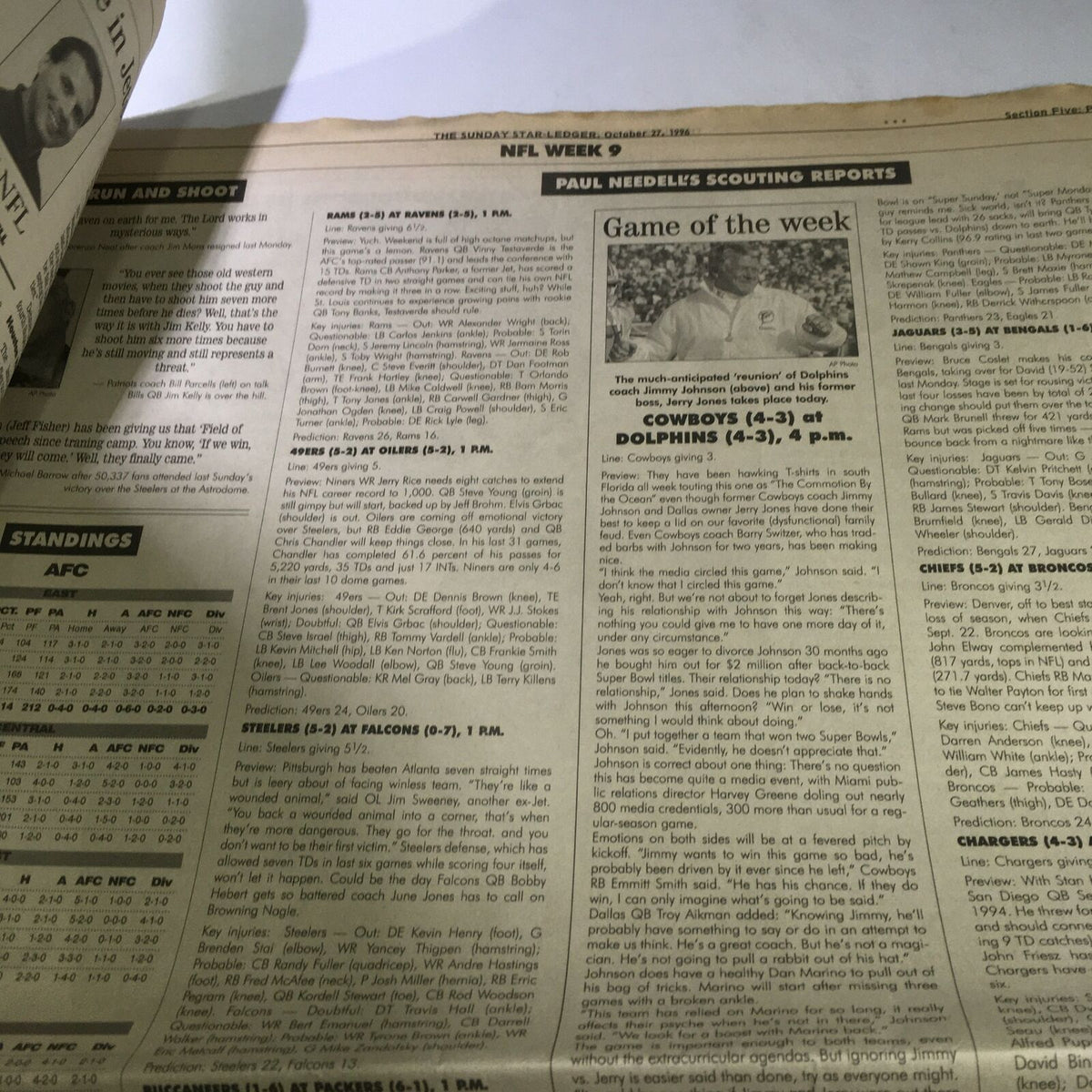 VTG The Star-Ledger Newspaper October 27 1996 showing NFL Week 9 coverage, including game listings and scouting reports.