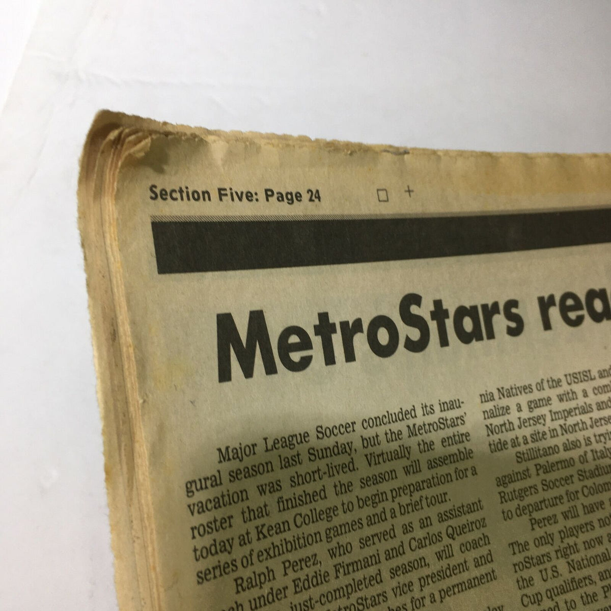 Close-up view of the October 27, 1996 Star-Ledger Newspaper, highlighting the 'Section Five: Page 24' layout with the headline 'MetroStars ready for exhibition games on tour'.