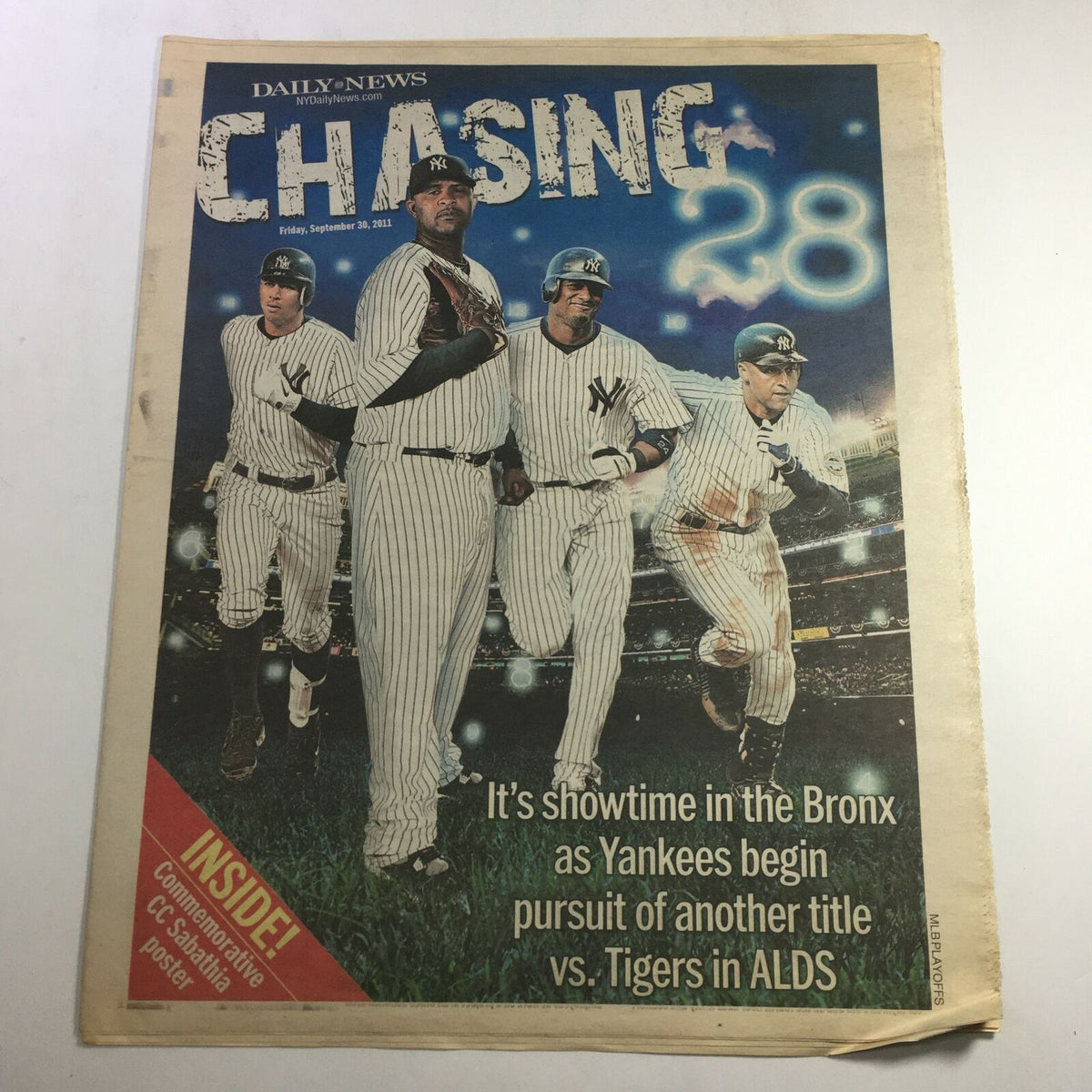 Cover of the New York Daily News from September 30, 2011, featuring the headline 'CHASING 28'. The image showcases four New York Yankees players in pinstripe uniforms, highlighting their pursuit of another title against the Detroit Tigers in the ALDS.