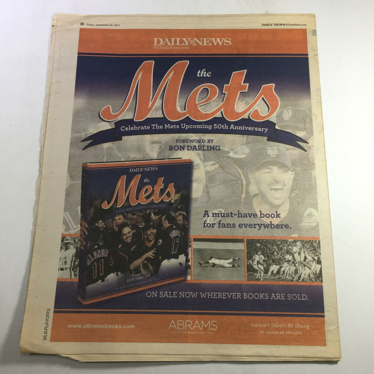Cover of the New York Daily News from September 30, 2011, celebrating the New York Mets' upcoming 50th anniversary. The image features the book 'the Mets', with a foreword by Ron Darling, positioned prominently, appealing to fans and collectors.
