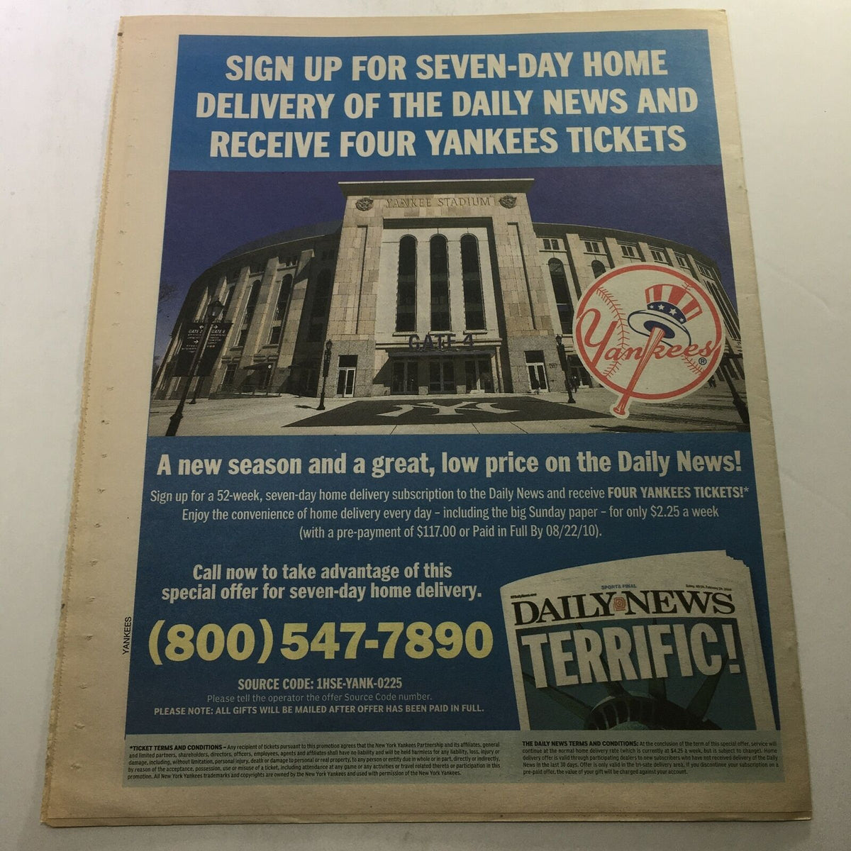 Promotional advertisement from the New York Daily News featuring Yankees' tickets, dated April 4, 2010, highlighting the benefits of home delivery. Ideal for MLB Yankees fans and collectors of sports memorabilia.