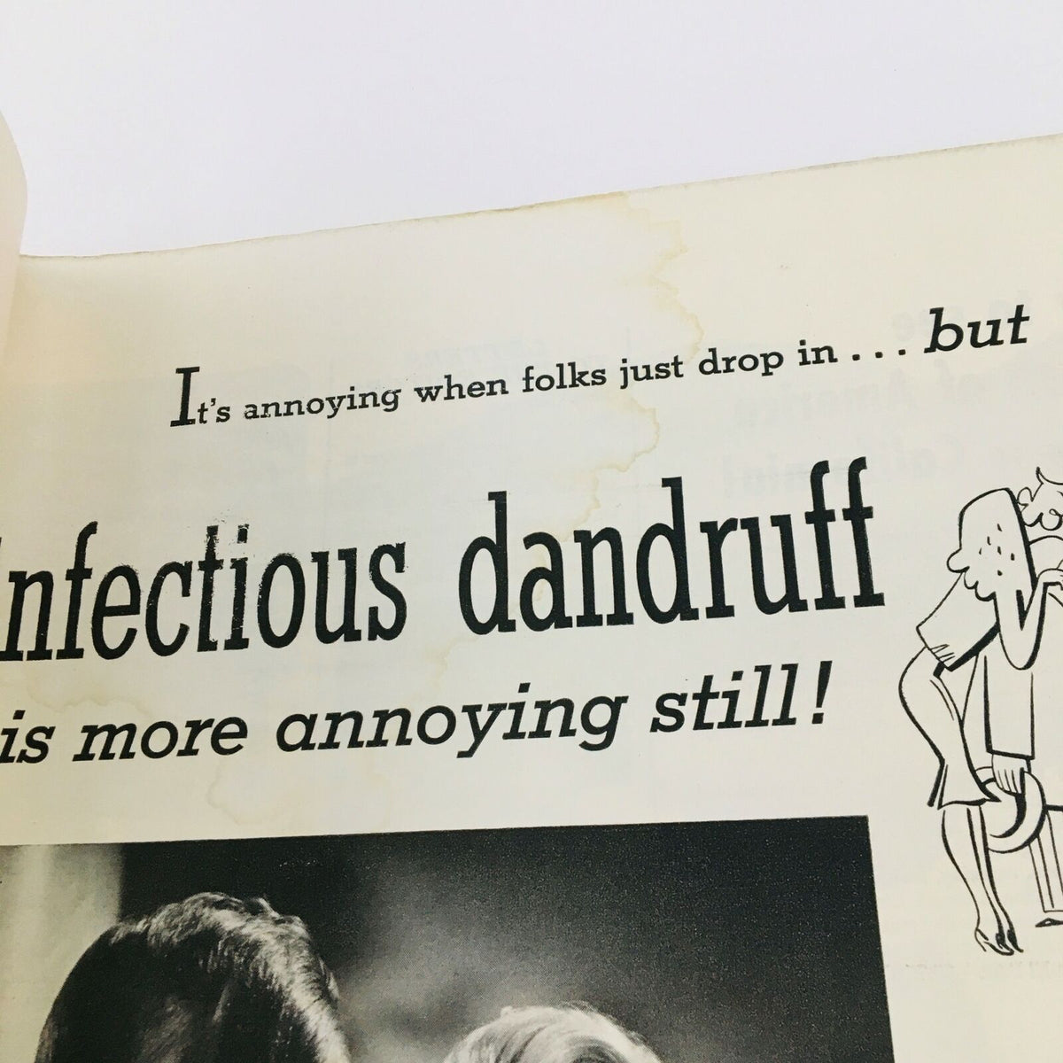 Vintage Life Magazine April 28, 1941 advertisement about dandruff with humorous text, showcasing retro design and typography.