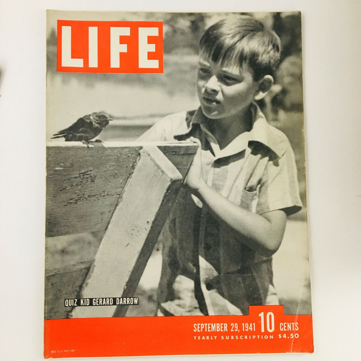 Cover of VTG Life Magazine from September 29, 1941 featuring Quiz Kid Gerard Darrow with a bird, showcasing historical Americana.