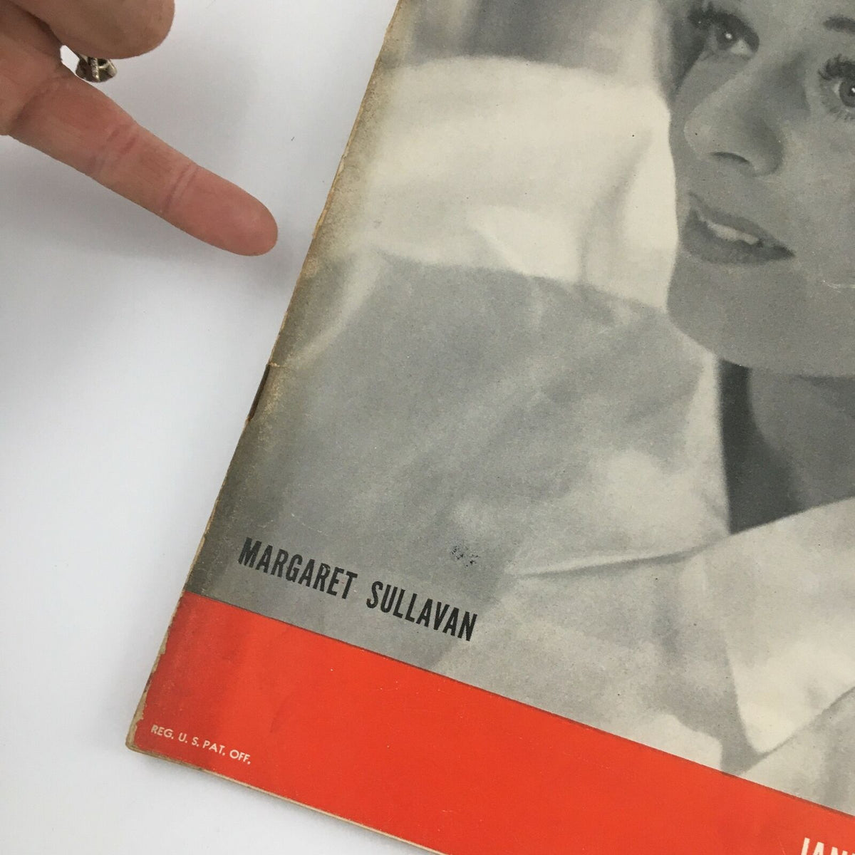 Close-up detail of VTG Life Magazine January 24 1944, highlighting the name Margaret Sullavan on the cover along with visible signs of aging including small rips and edge wear.