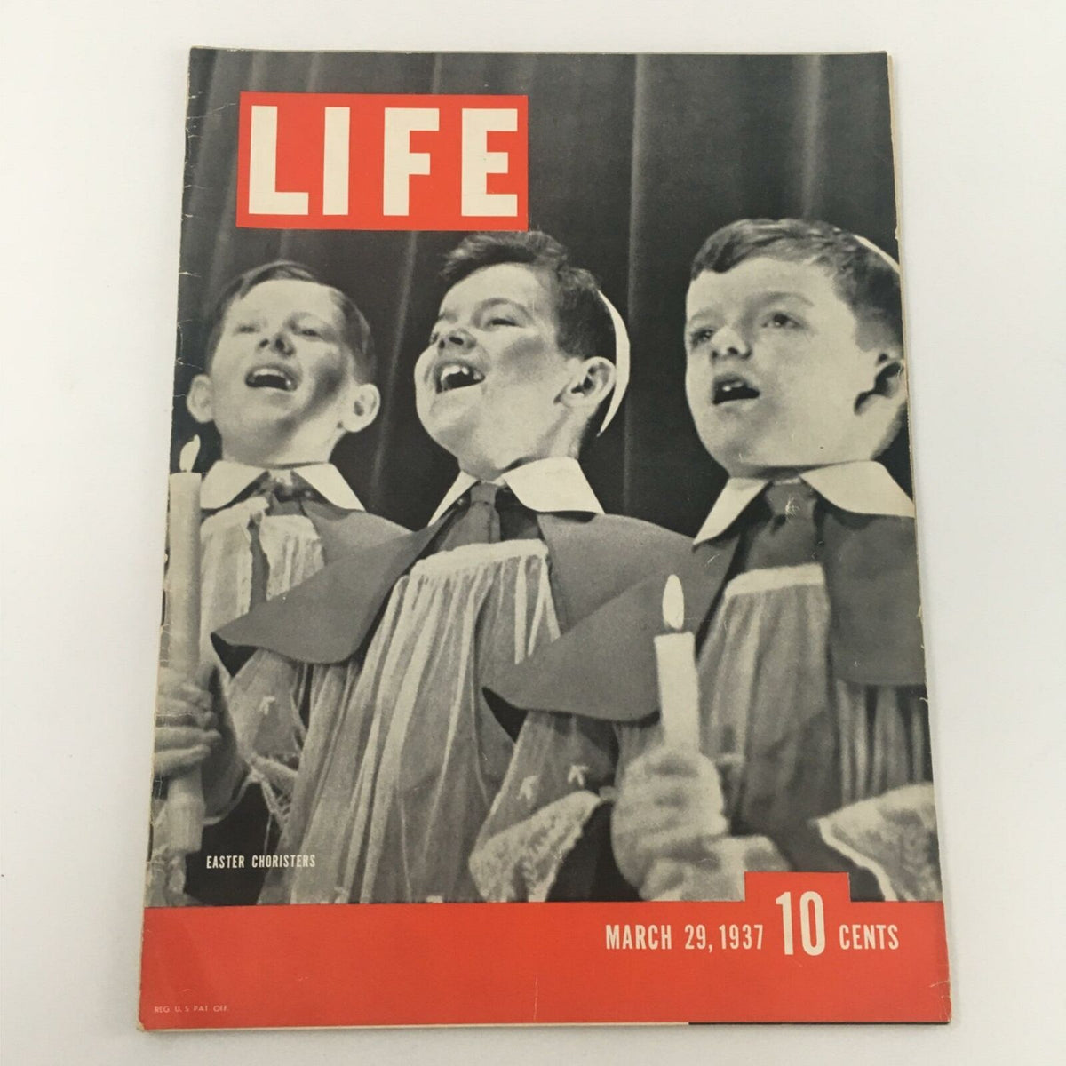Cover of VTG Life Magazine from March 29, 1937, featuring Easter Choristers with a vibrant red and black design. The cover displays three young boys in choir robes singing, encapsulating the spirit of Easter. Ideal for collectors of vintage magazines.