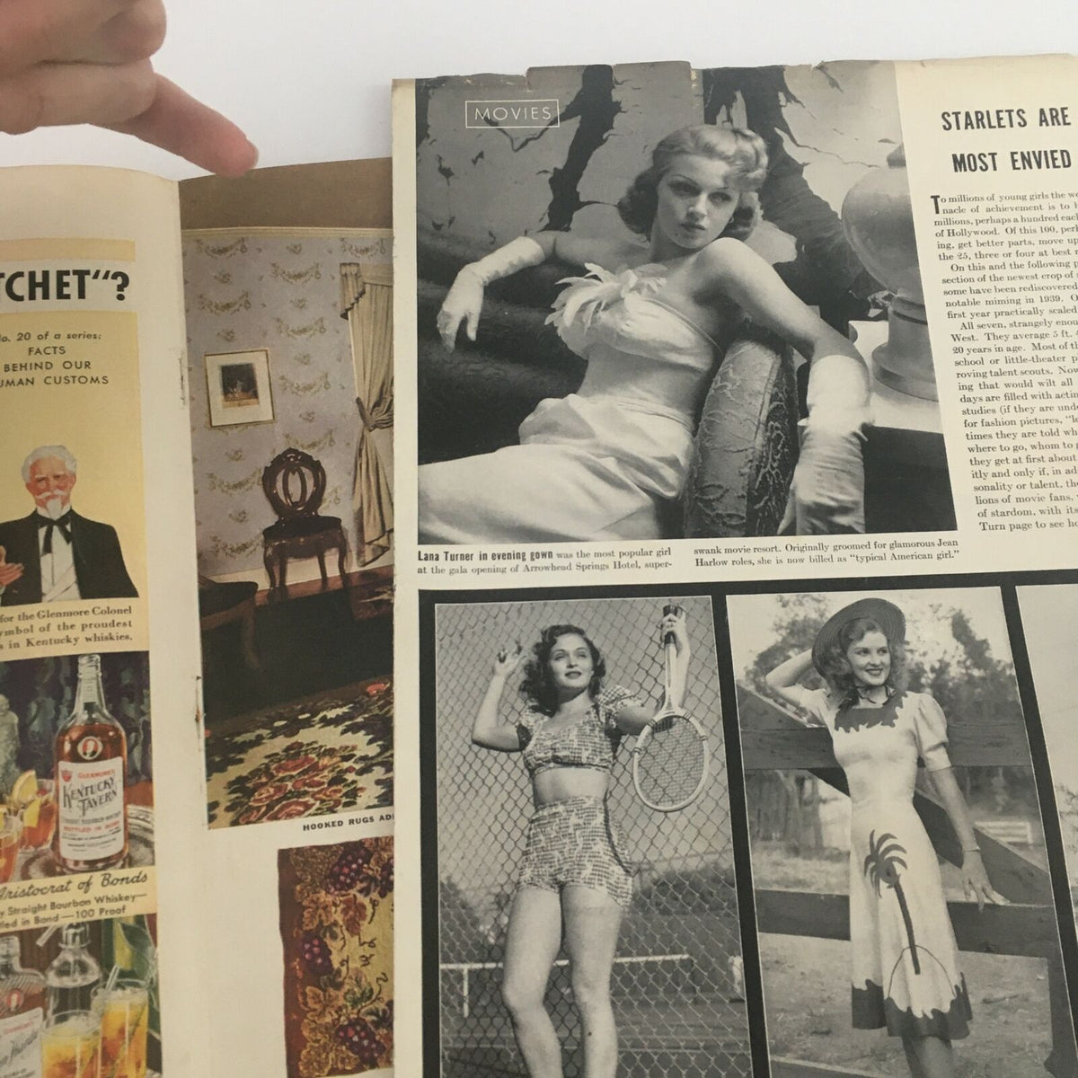 Interior pages of VTG Life Magazine January 29 1940 highlighting articles about Lana Turner, featuring her in an evening gown and other fashion looks from the era.
