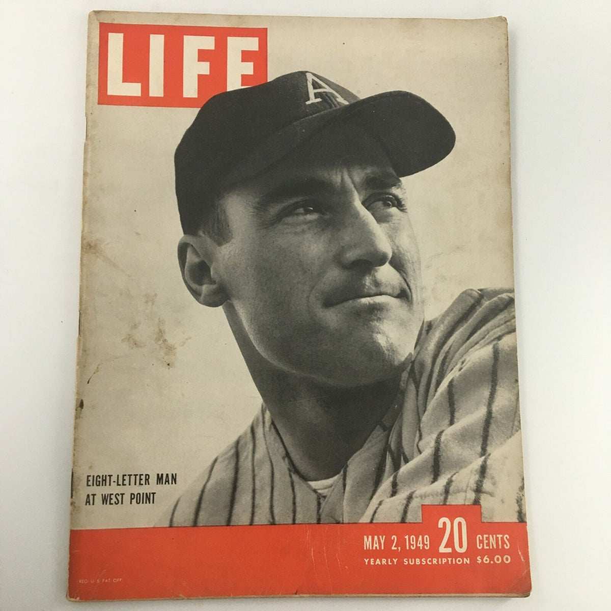 VTG Life Magazine cover from May 2, 1949, featuring the story 'Eight-Letter Man at West Point.' The cover shows a man in a baseball jersey and cap, embodying mid-20th century American culture.