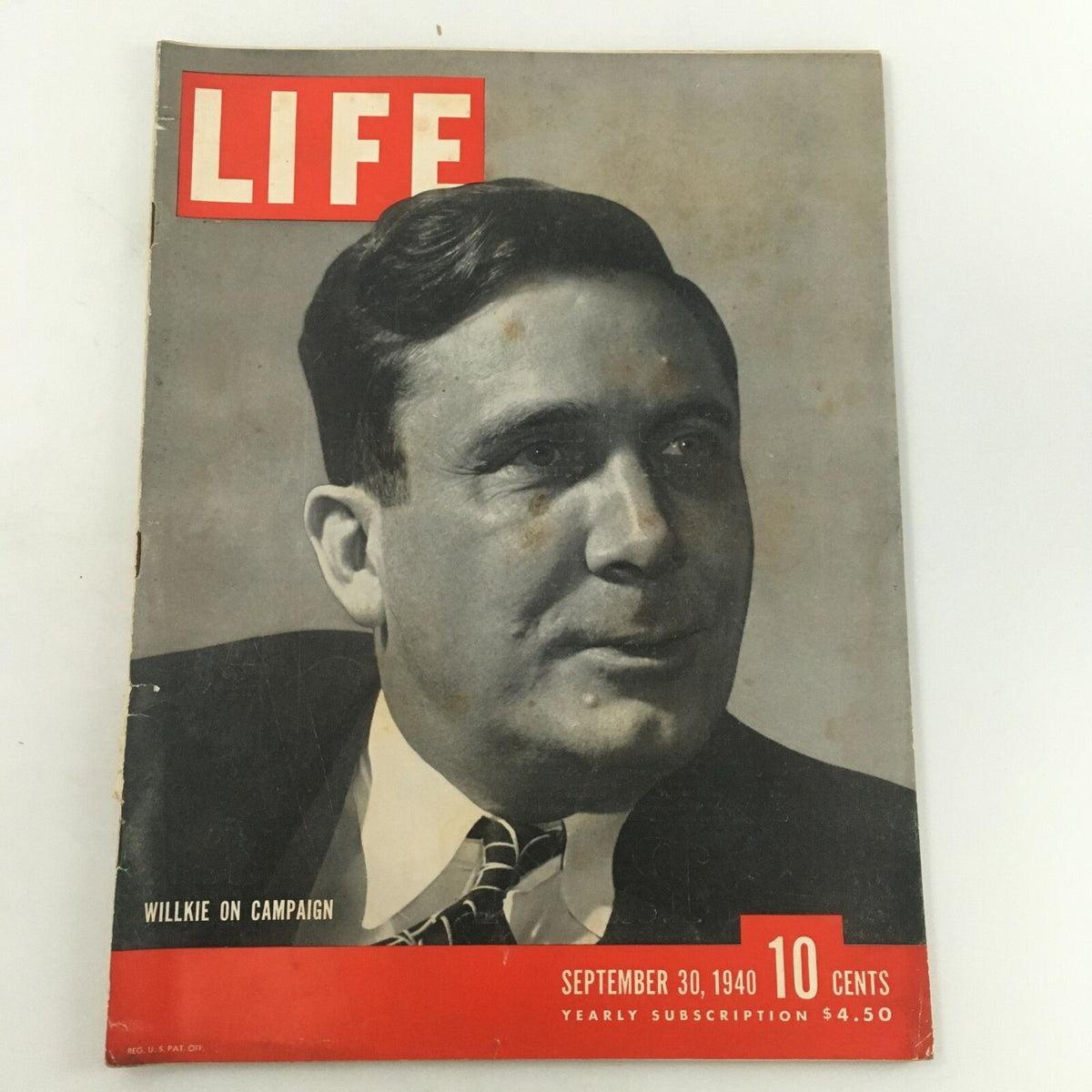 Cover of the vintage Life Magazine from September 30, 1940, featuring a portrait of Wendell Willkie on the presidential campaign with a red and white design.
