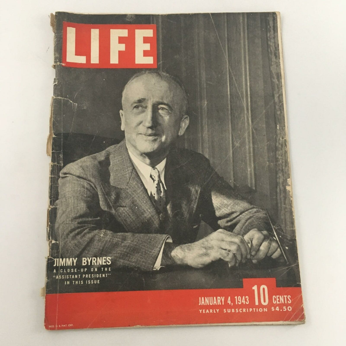Cover image of VTG Life Magazine January 4, 1943 featuring Jimmy Byrnes, Assistant President, showcasing vintage design and details.