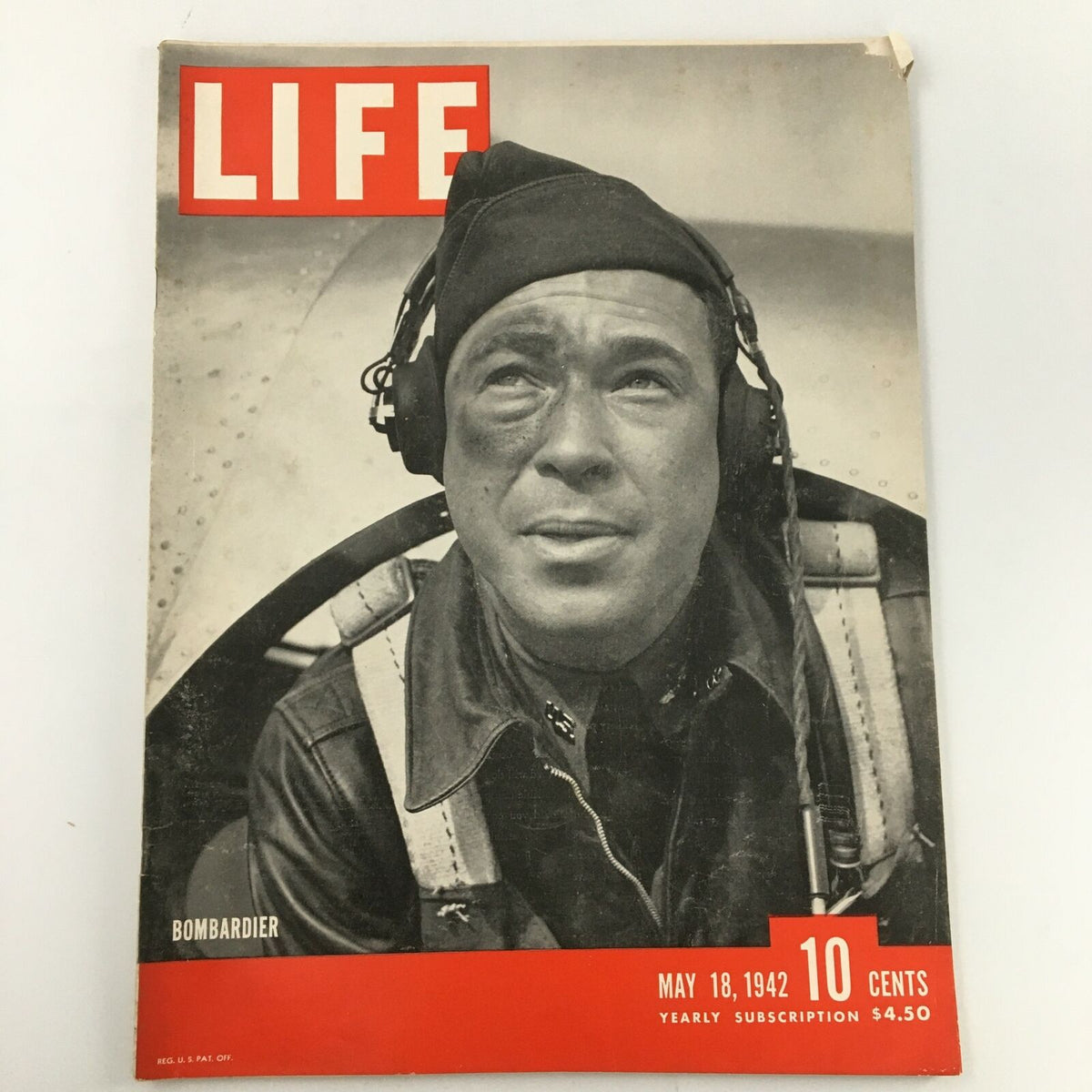 VTG Life Magazine May 18 1942 featuring the cover titled 'Bombardier' with a close-up of a soldier in aviator gear and headphones, highlighted as a collectible edition from WWII.