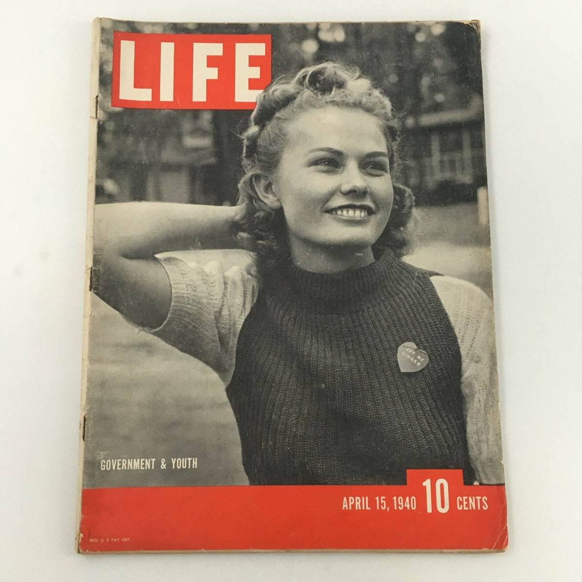 VTG Life Magazine April 15 1940 featuring a young woman smiling on the cover, highlighting the theme 'Government and Youth', showcasing vintage design and historical significance.