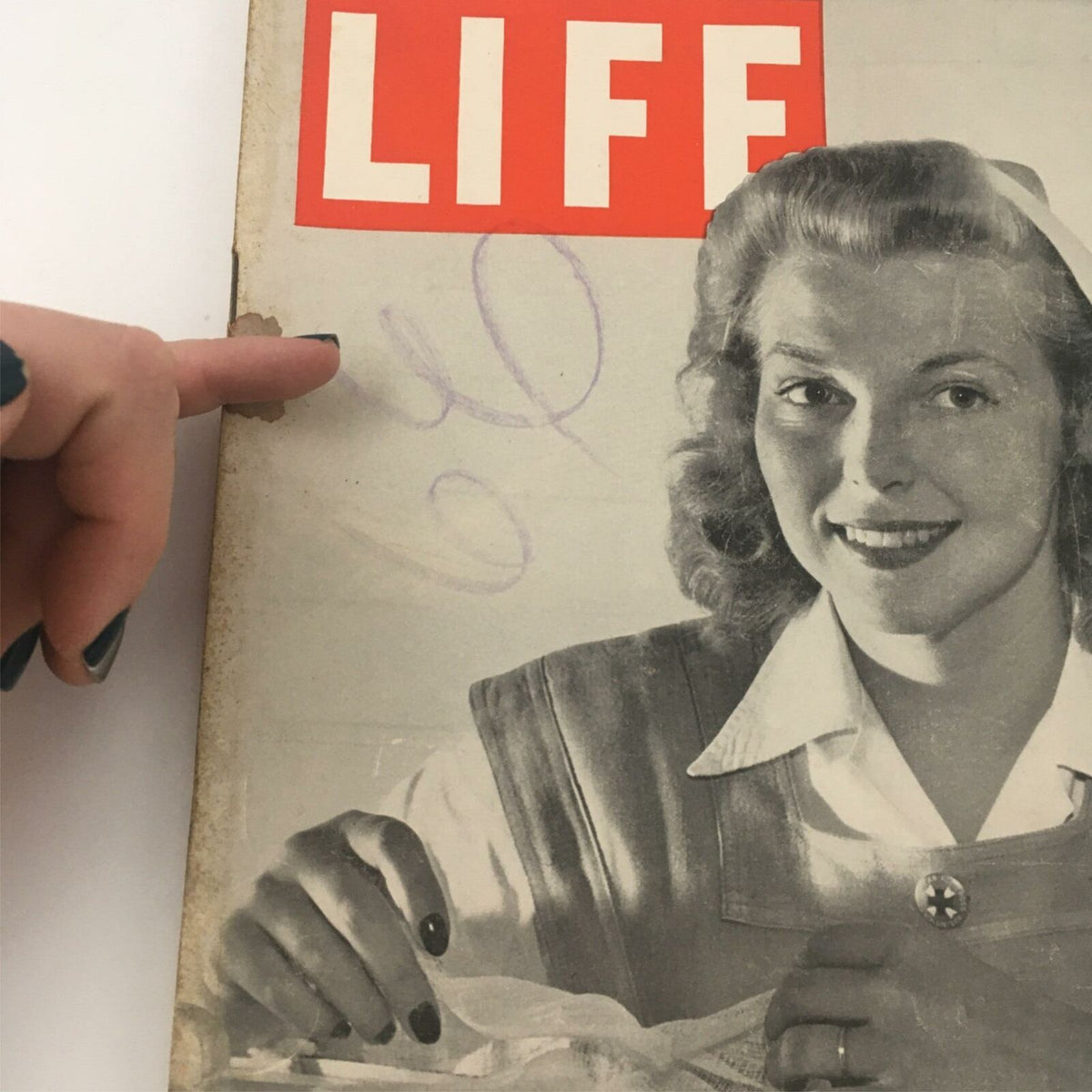 Detail shot of VTG Life Magazine June 8, 1942 cover, focusing on Nurses' Aide Lorraine Ames, including handwritten markings.