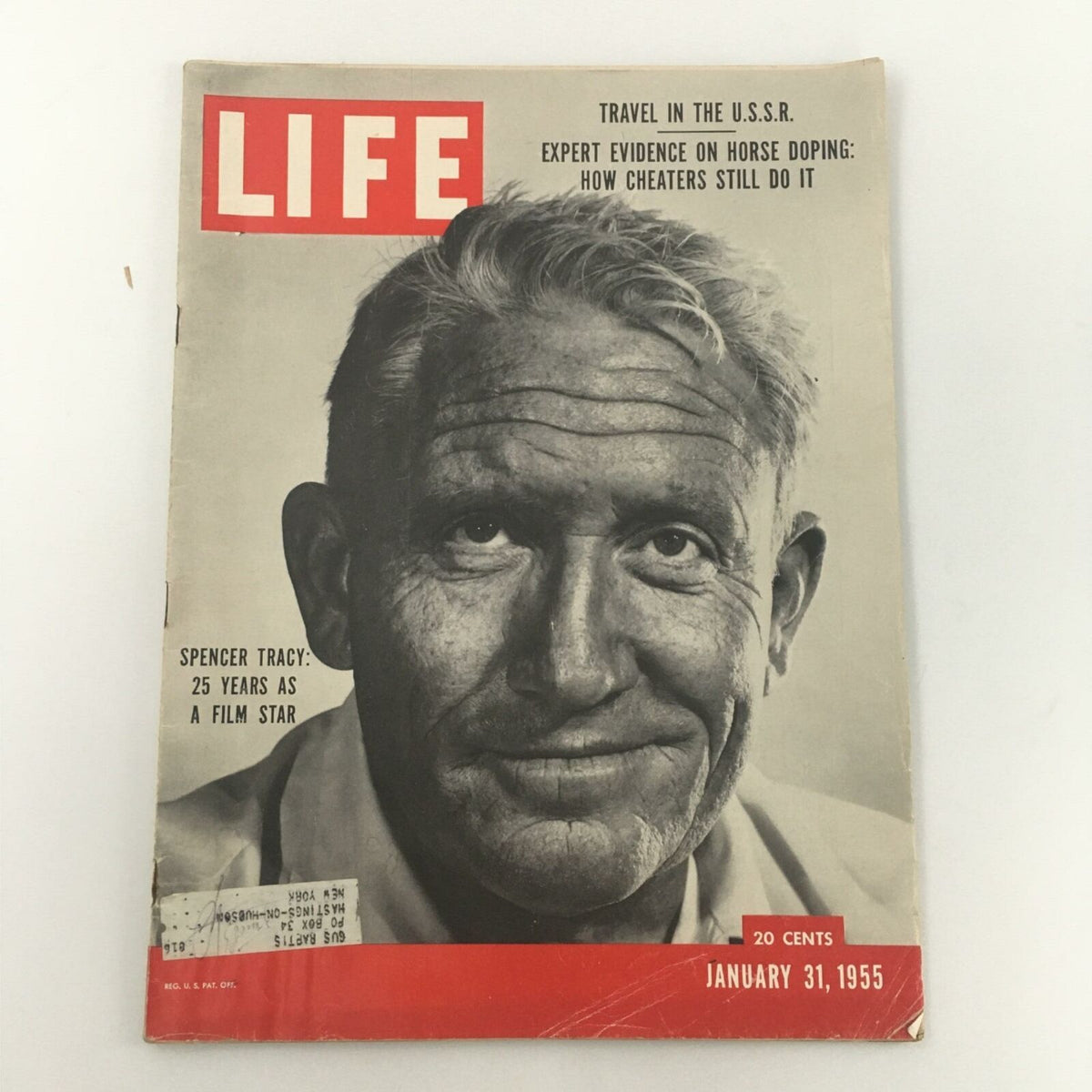 Cover of VTG Life Magazine January 31, 1955 featuring Spencer Tracy: 25 Years as a Film Star, showcasing a close-up portrait of Spencer Tracy with an iconic red and black design.