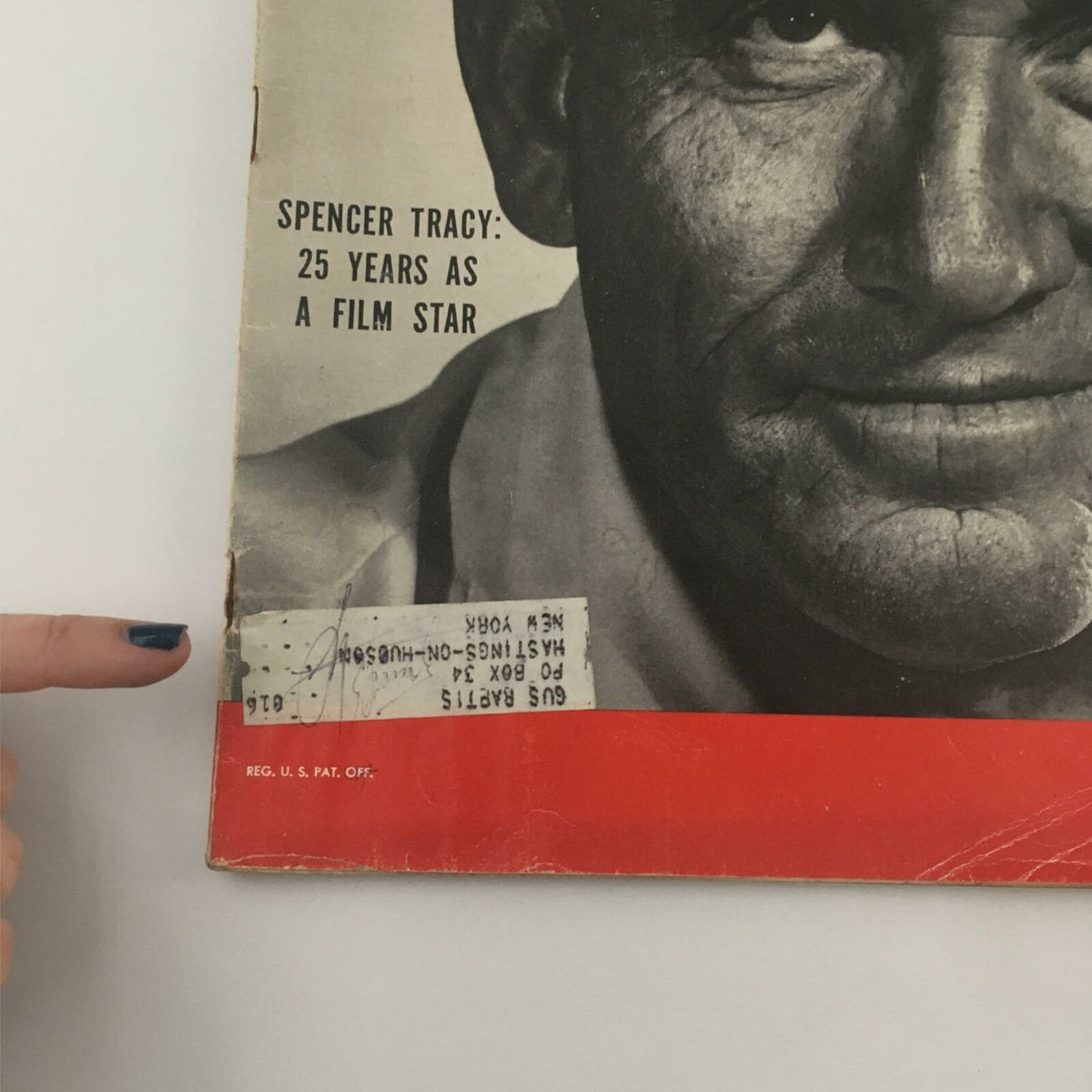 Detail of the cover of VTG Life Magazine January 31, 1955 featuring Spencer Tracy: 25 Years as a Film Star, highlighting the magazine's address label and design elements.