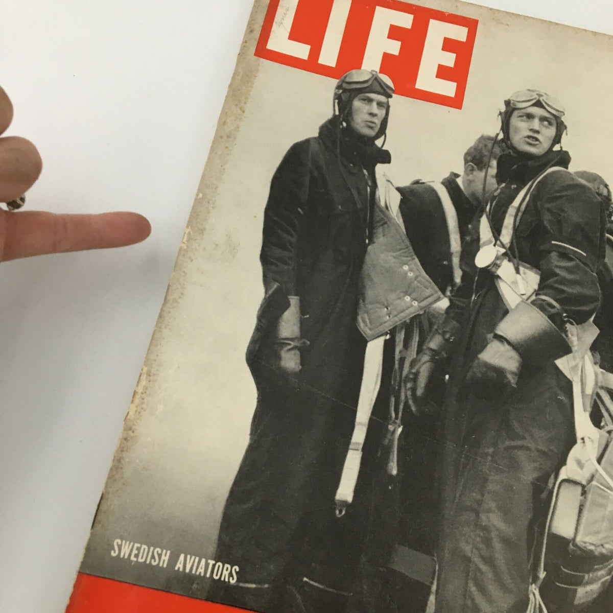 Close-up of VTG Life Magazine February 5 1940 cover highlighting Swedish aviators, with emphasis on the iconic Life Magazine branding.