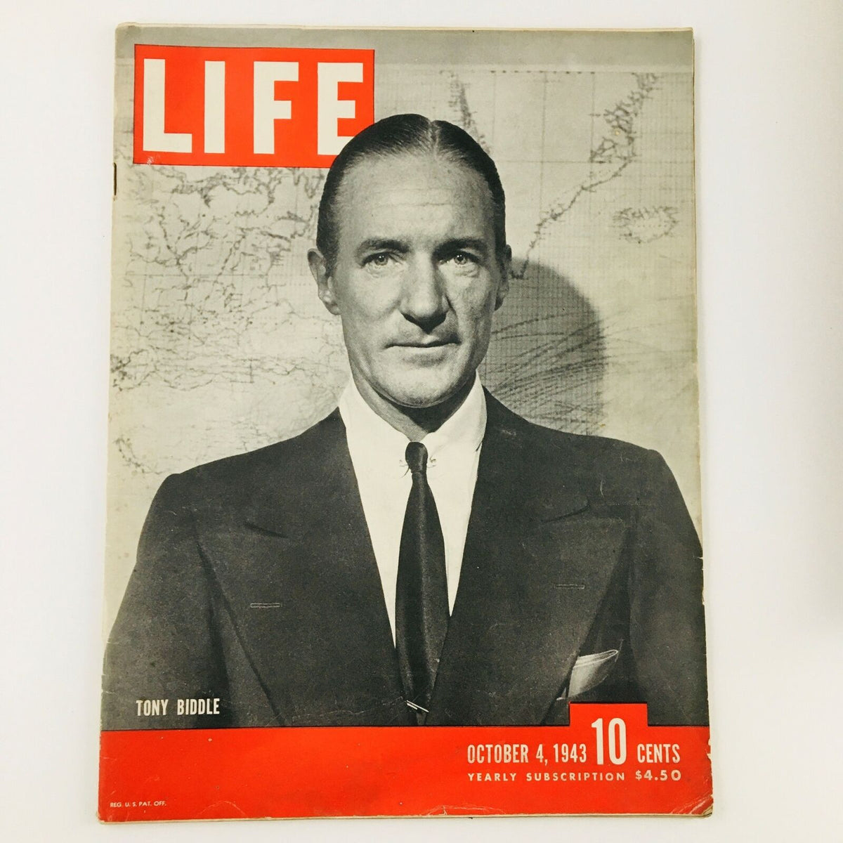 Vintage Life Magazine from October 4, 1943 featuring Tony Biddle on the cover, highlighting his role as Minister to Norway during World War II with a dramatic gray-scale portrait and a bold red title.