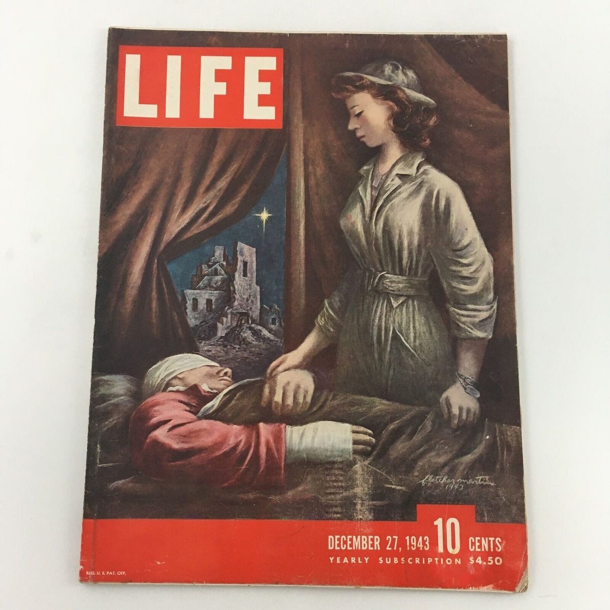 Cover of VTG Life Magazine December 27, 1943 featuring 'The Art of War' by Fletcher Martin, depicting a woman tending to a wounded soldier in a war-torn landscape.