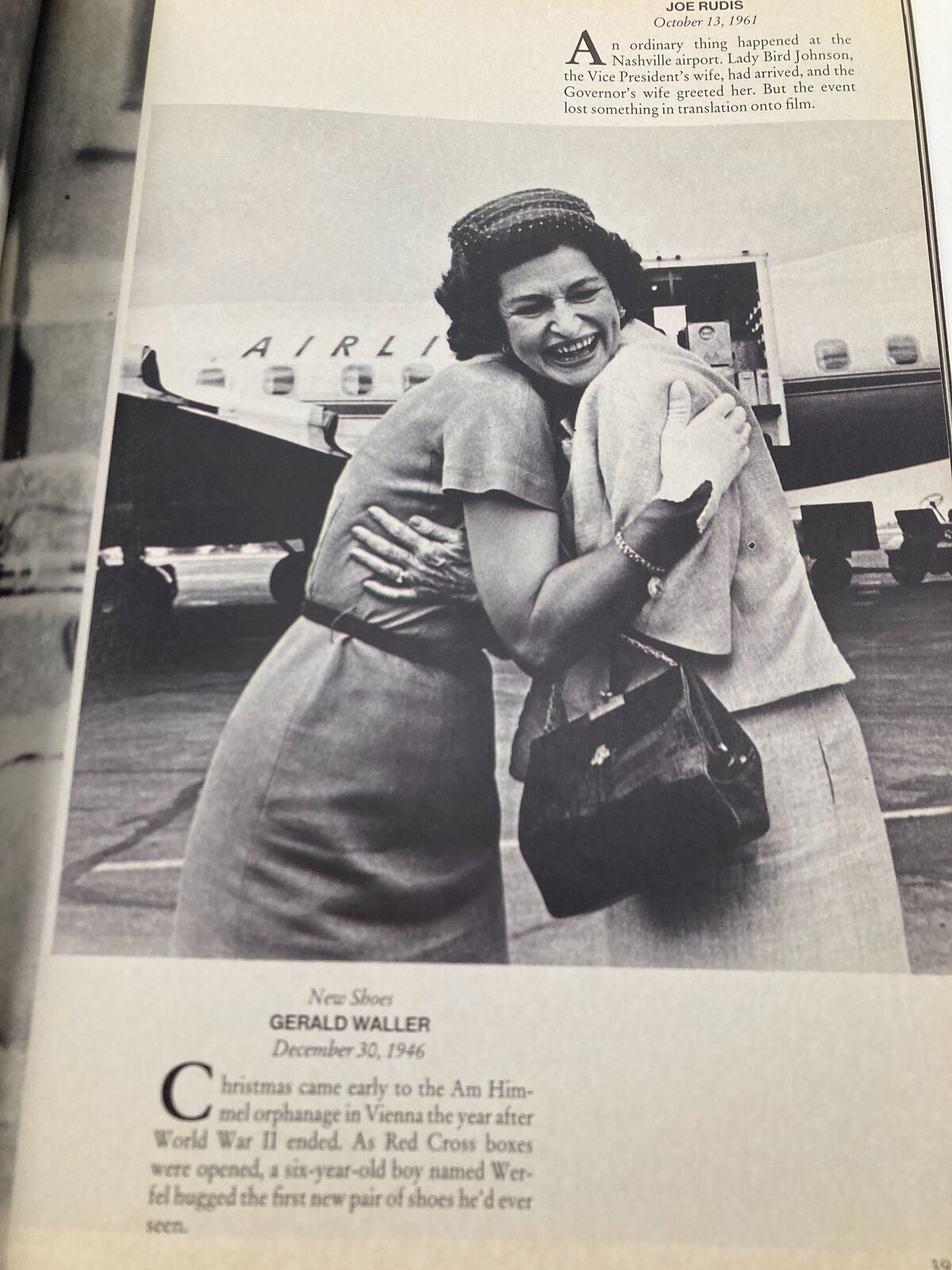 Black and white image from Life Magazine Fall 1990, depicting two women joyfully embracing at an airport, capturing a moment of happiness post-World War II, showcasing the theme of classic moments by John Loengard.