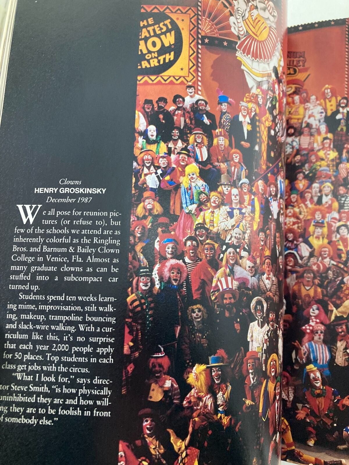 Life Magazine Fall 1990 Classic Moments by John Loengard depicting a colorful gathering of clowns from a circus, showcasing a variety of costumes and expressions in a lively group portrait.