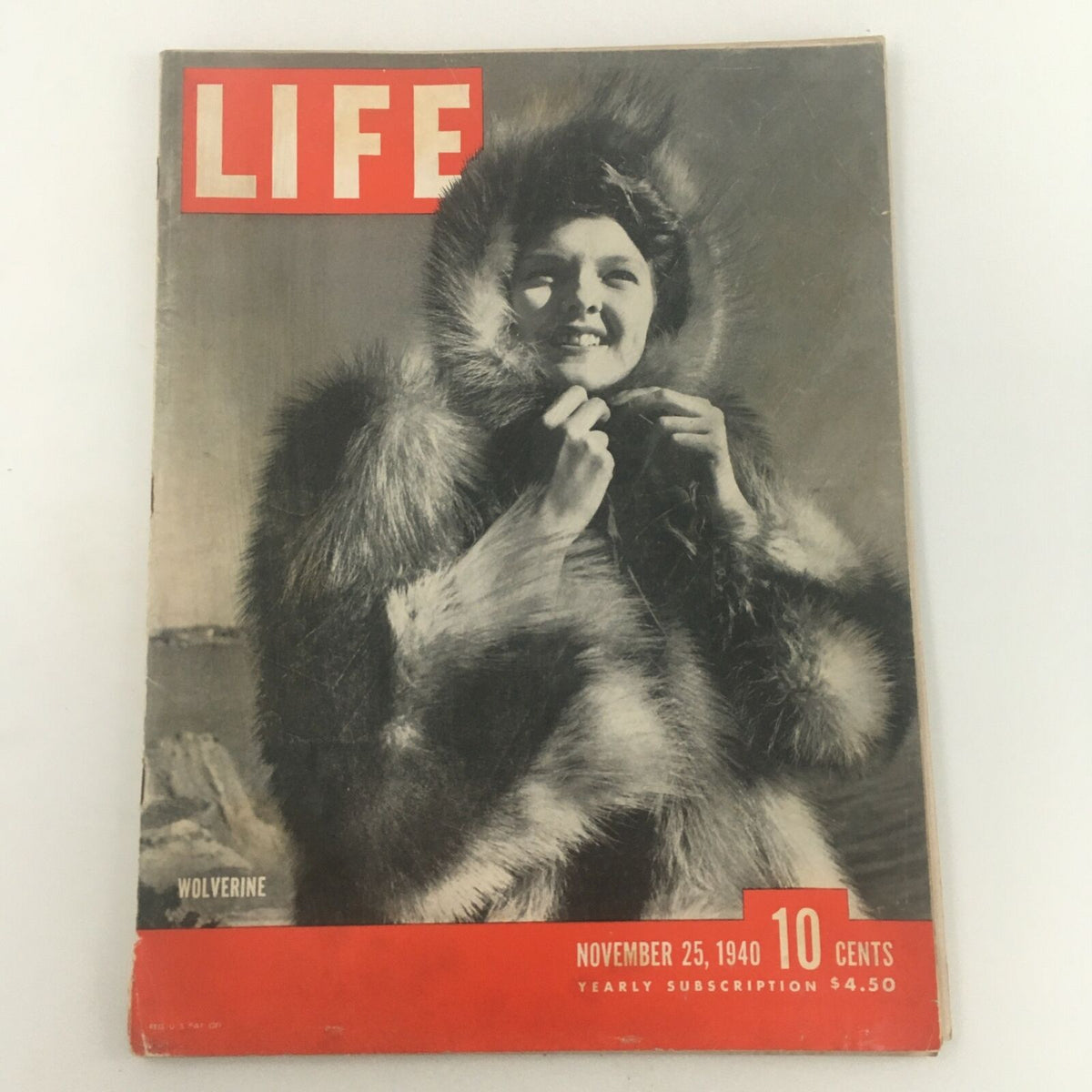 Cover of VTG Life Magazine from November 25, 1940 featuring a model in a fur coat, highlighting the Wolverine feature.